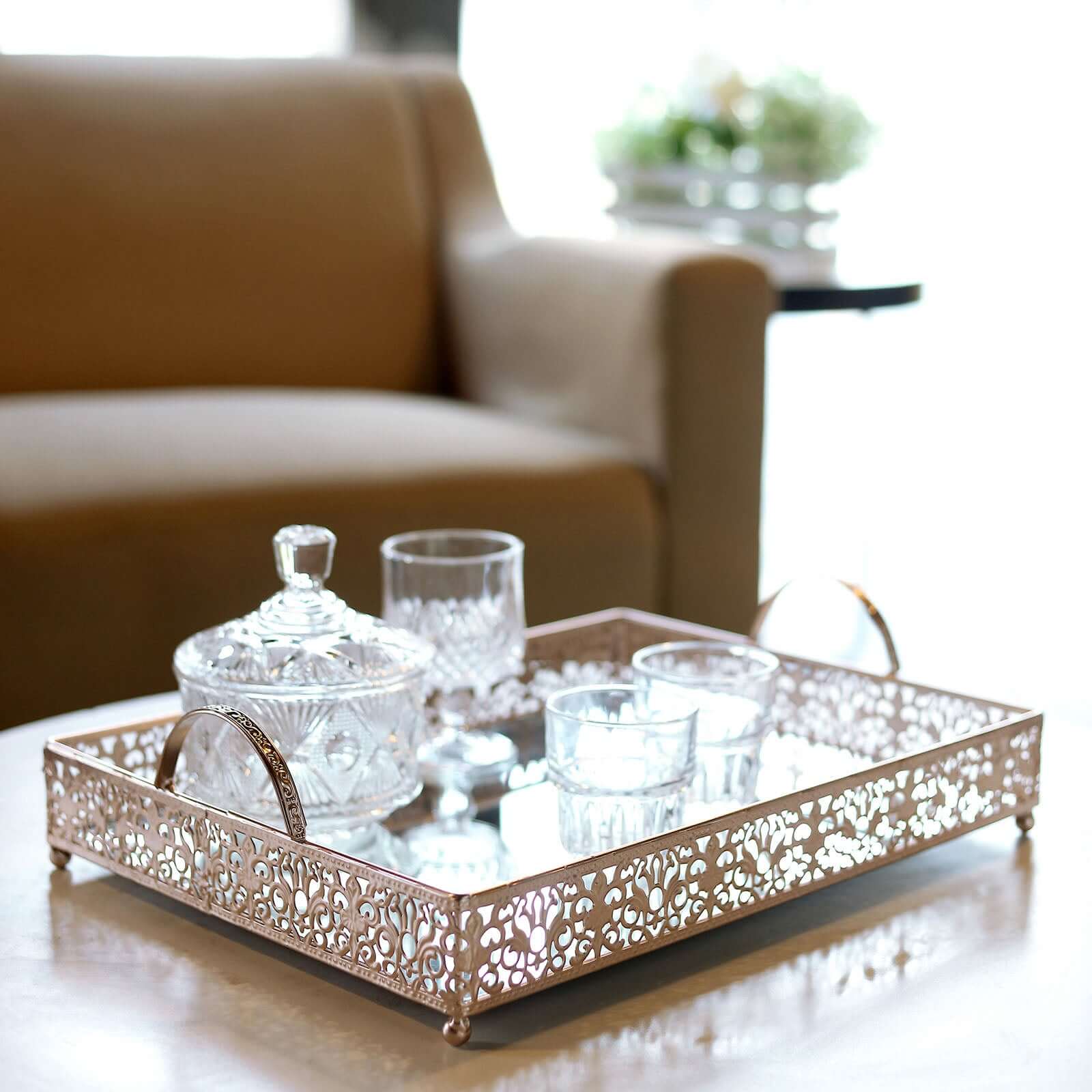 Metal Mirrored Rectangle Serving Tray 16x12 in Rose Gold Fleur De Lis Design with Handles, French Inspired Decorative Vanity Tray Centerpiece