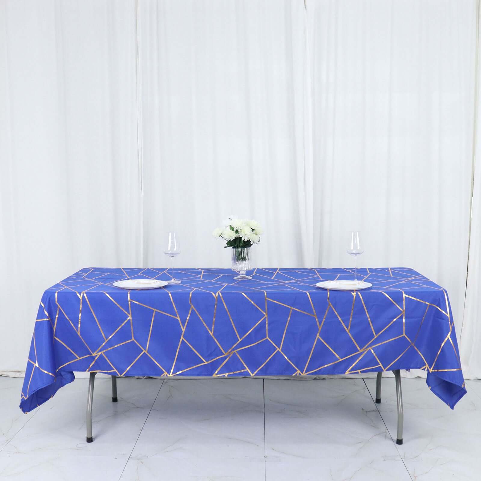 Polyester 60x102 Rectangle Tablecloth Royal Blue with Gold Foil Geometric Pattern - Wrinkle-Resistant & Durable Table Cover