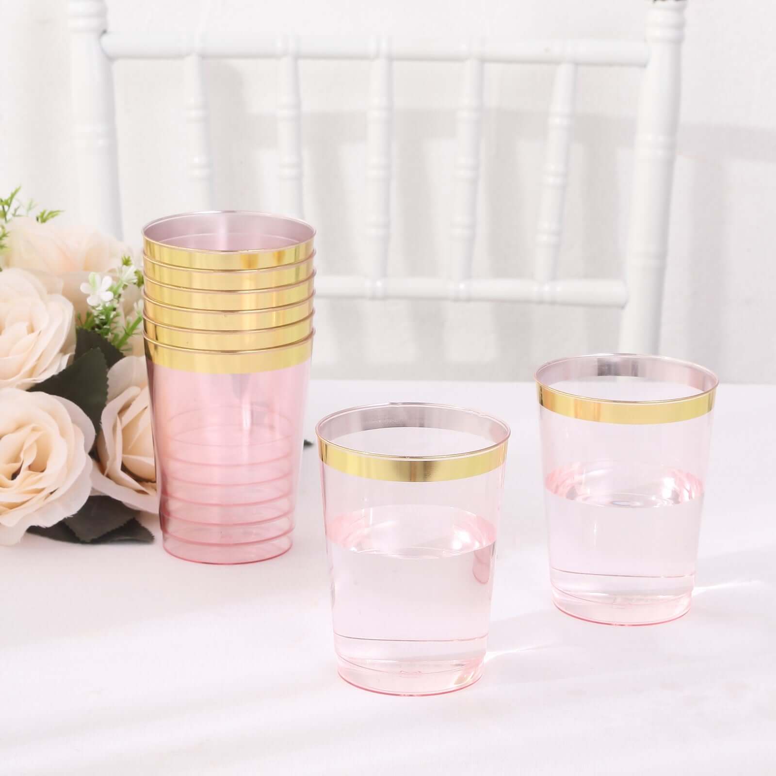 25-Pack Plastic Tumbler Cups Transparent Blush with Gold Rim - Stylish Disposable Party Glasses 10oz