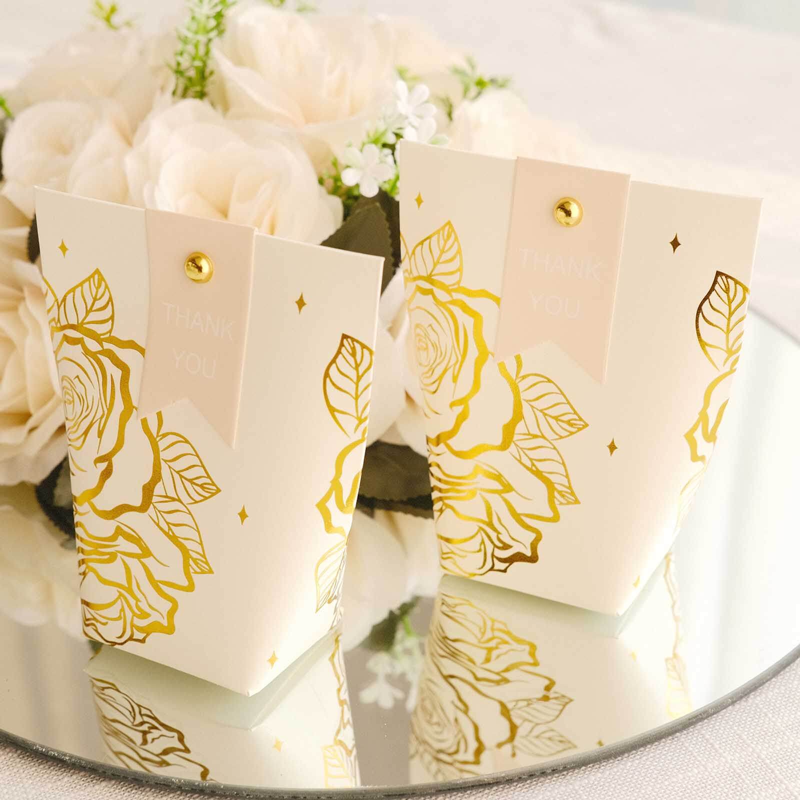 25 Pack White Paper Pouch Candy Gift Bags With Gold Rose Flower Print, Party Favor Boxes with Pin and Tags - 4.5x4