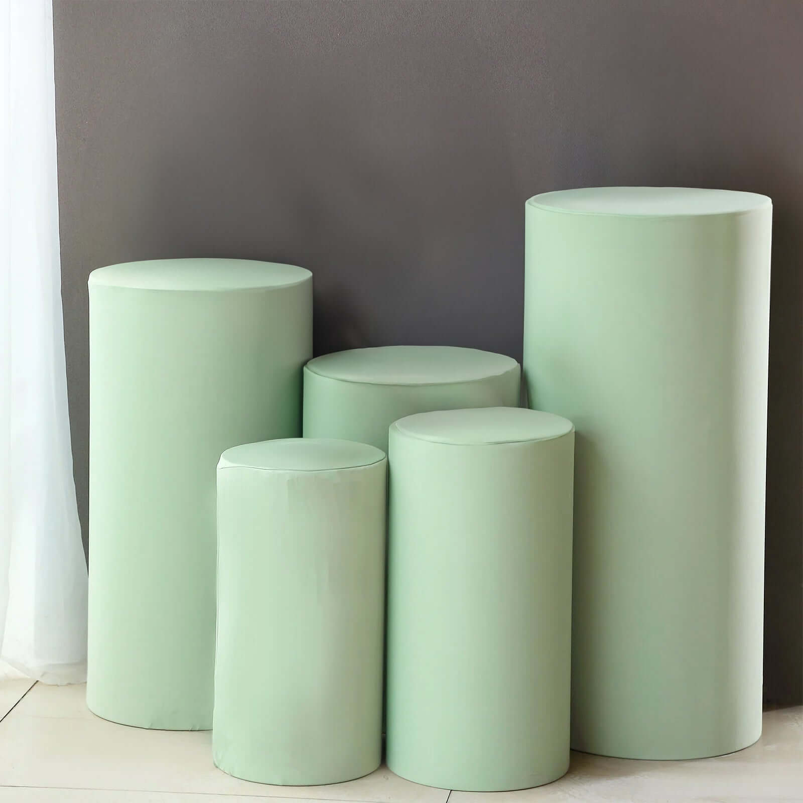 Set of 5 Sage Green Spandex Cylinder Pedestal Stand Covers, Stretchable Pillar Prop Covers - 160 GSM