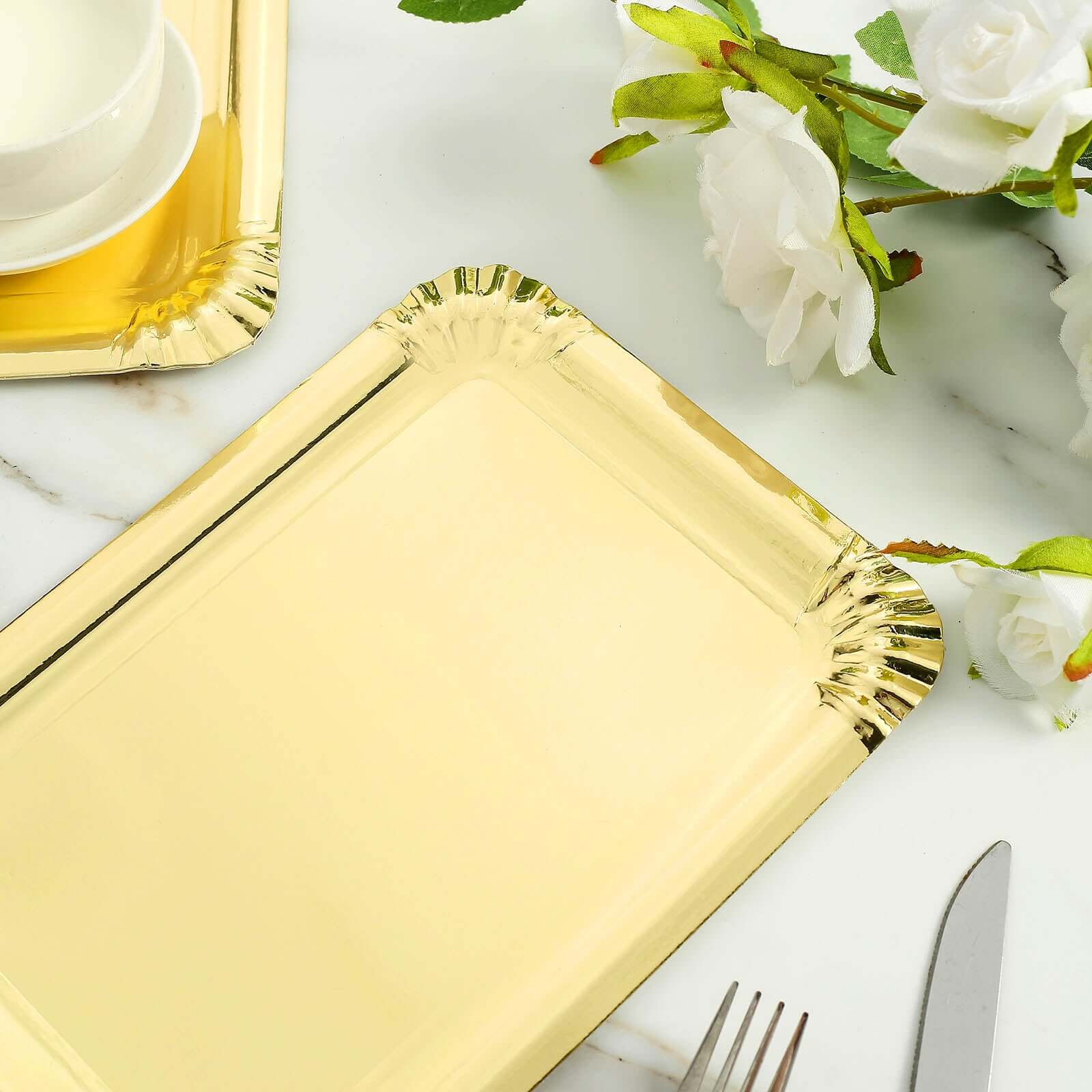 10-Pack Paper 9 Rectangle Serving Trays Metallic Gold - Durable Disposable 400GSM Cardboard Party Platters With Designer Edges for Festive Celebrations