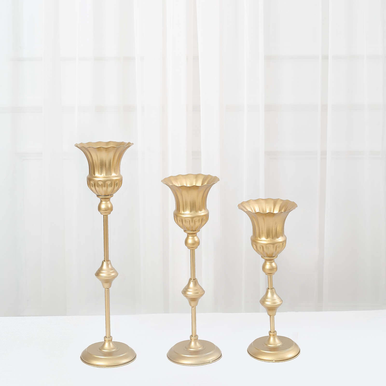 Set of 3 Trumpet Flower Vase Centerpieces Metallic Gold - Vintage Style Flute Table Decorative Stands 13, 16, 19