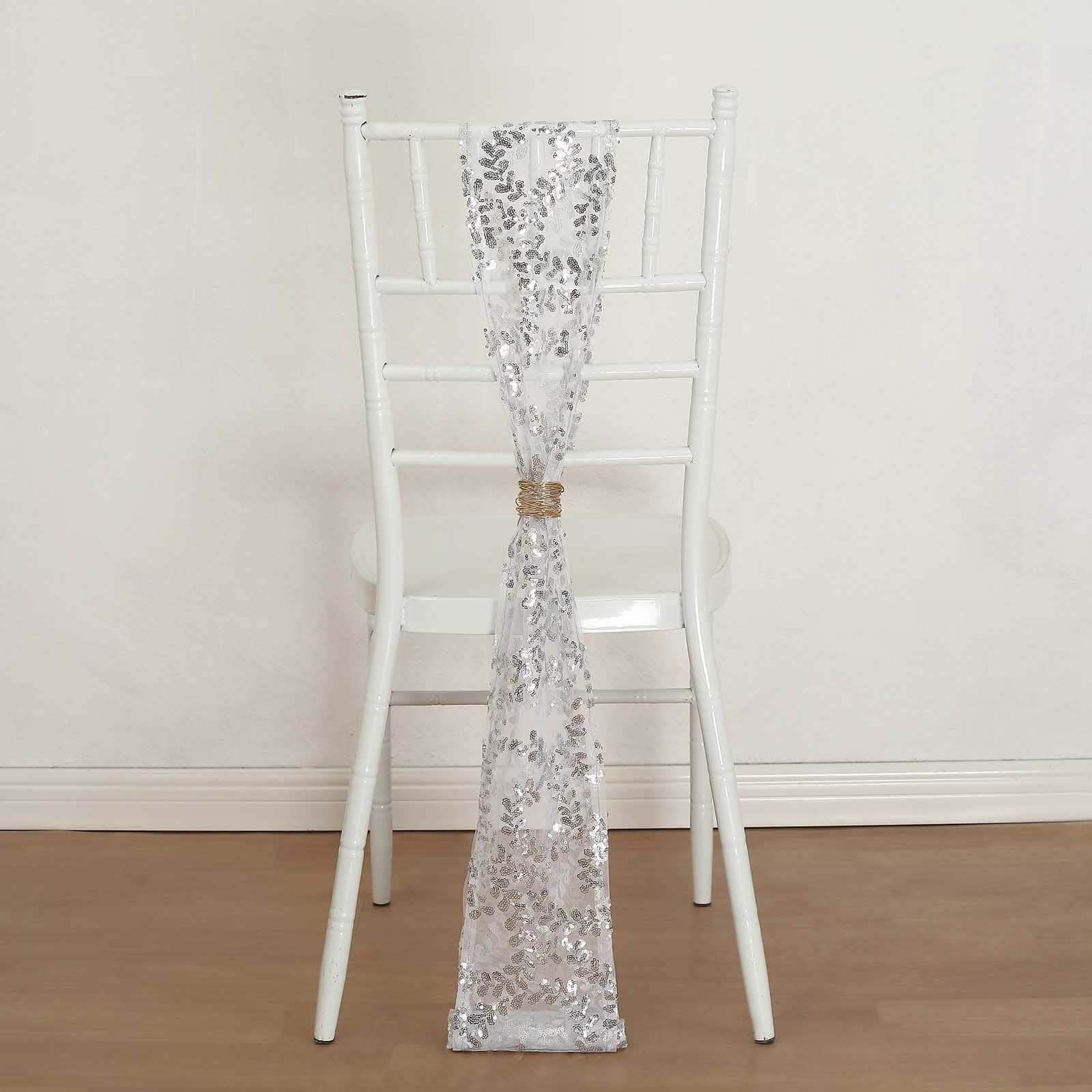 5 Pack Tulle Chair Sashes with Leaf Vine Embroidered Sequins Silver 6x88