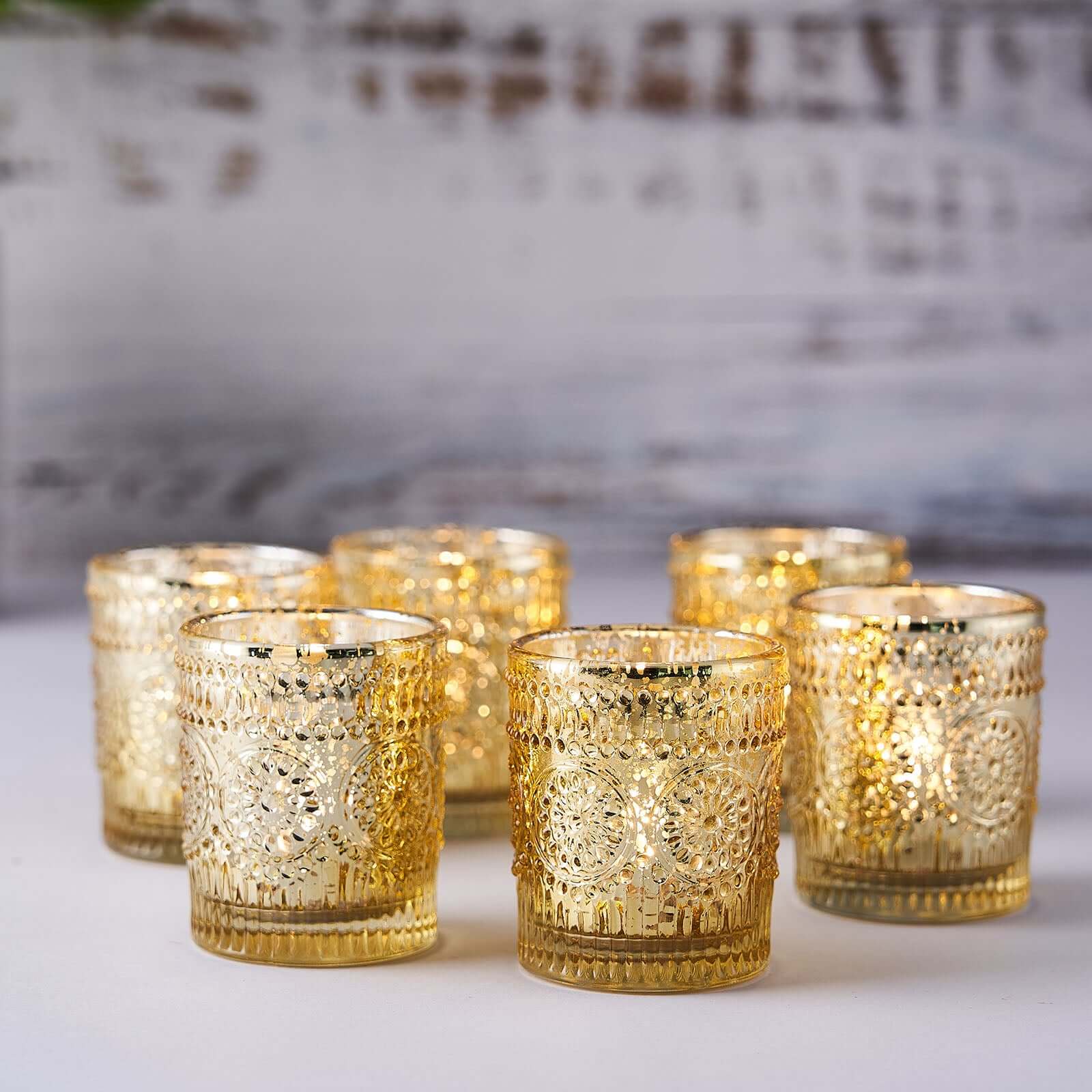 6-Pack Mercury Glass Candle Holders Gold Primrose Design - Votive Tealight Holders for Weddings