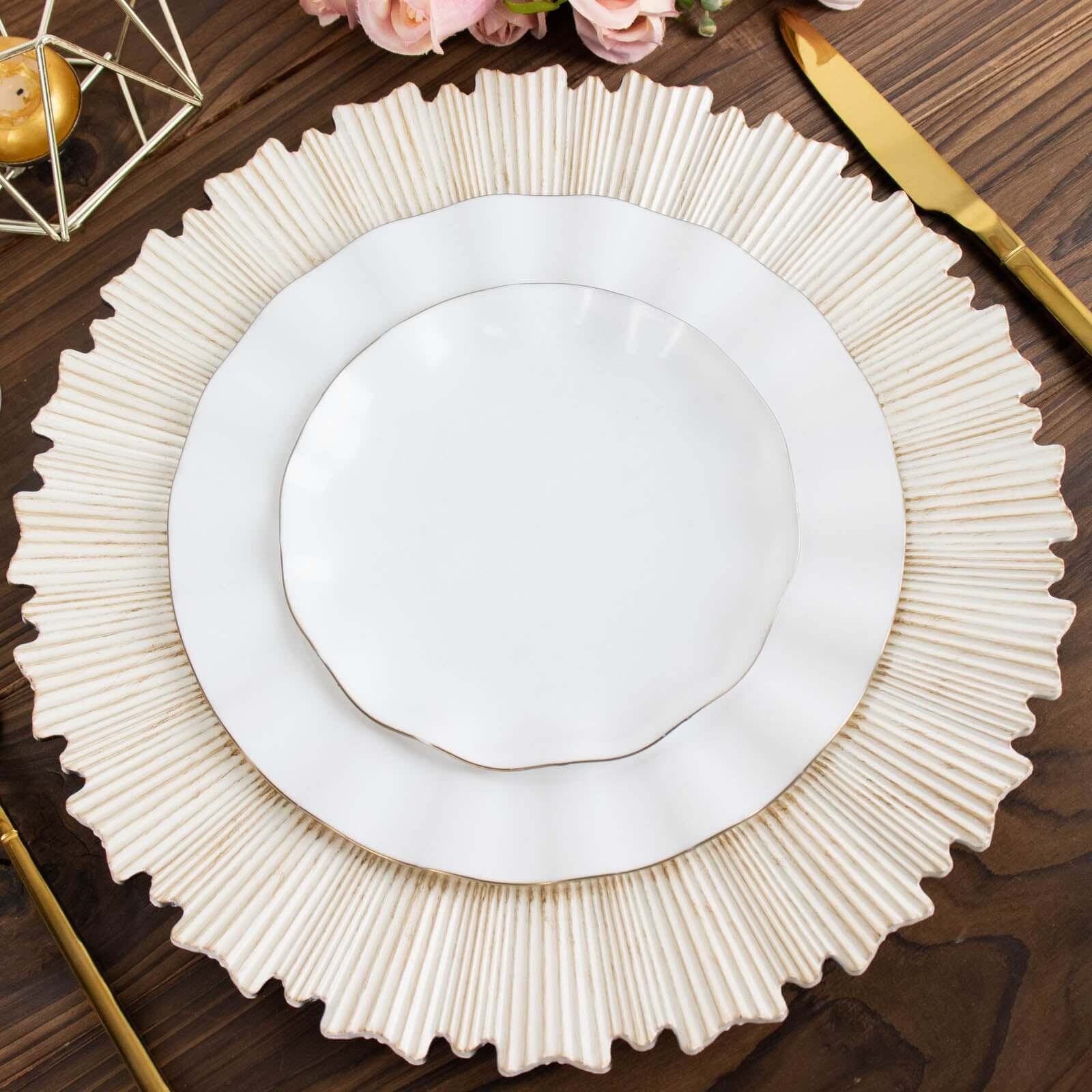 6-Pack Acrylic Plastic Round Charger Plates 13 in Antique White with Sunray Scalloped Rim, Decorative Dinner Party Charger Tableware