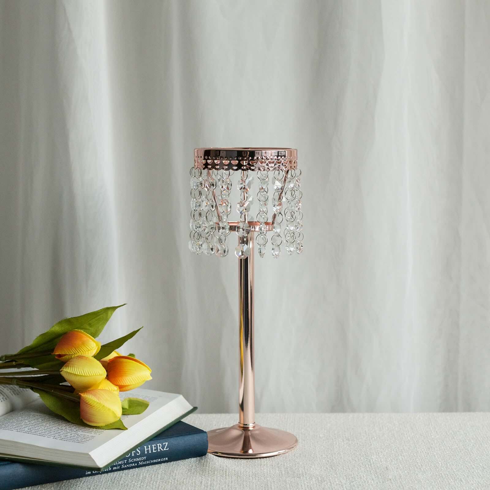 Crystal Beaded Chandelier Metal Candle Holder Rose Gold - Sophisticated Pillar Tealight Stand 12