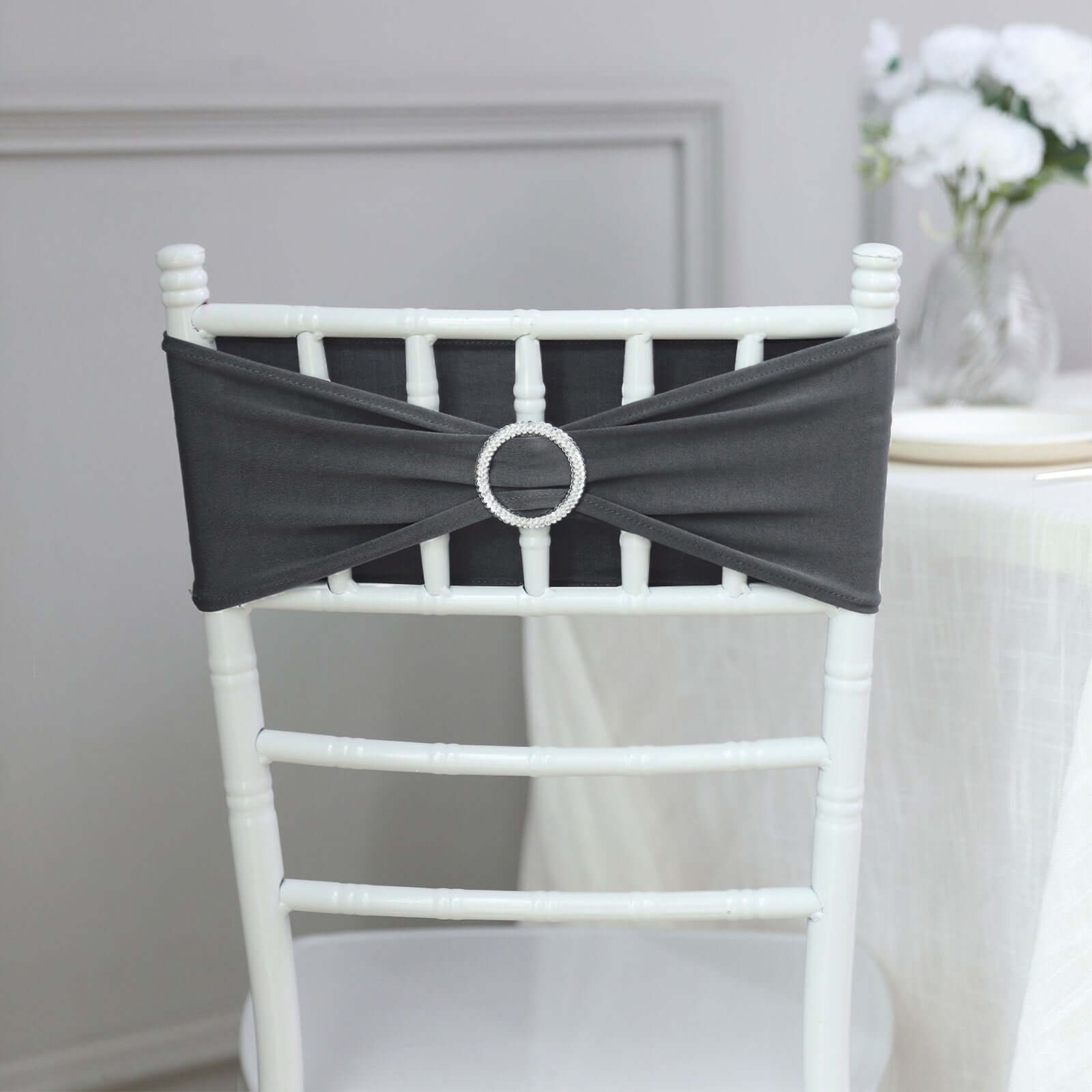 5 Pack Stretch Spandex Chair Sashes Charcoal Gray - Reusable Chair Bands with Silver Diamond Ring Slide Buckle 5x14