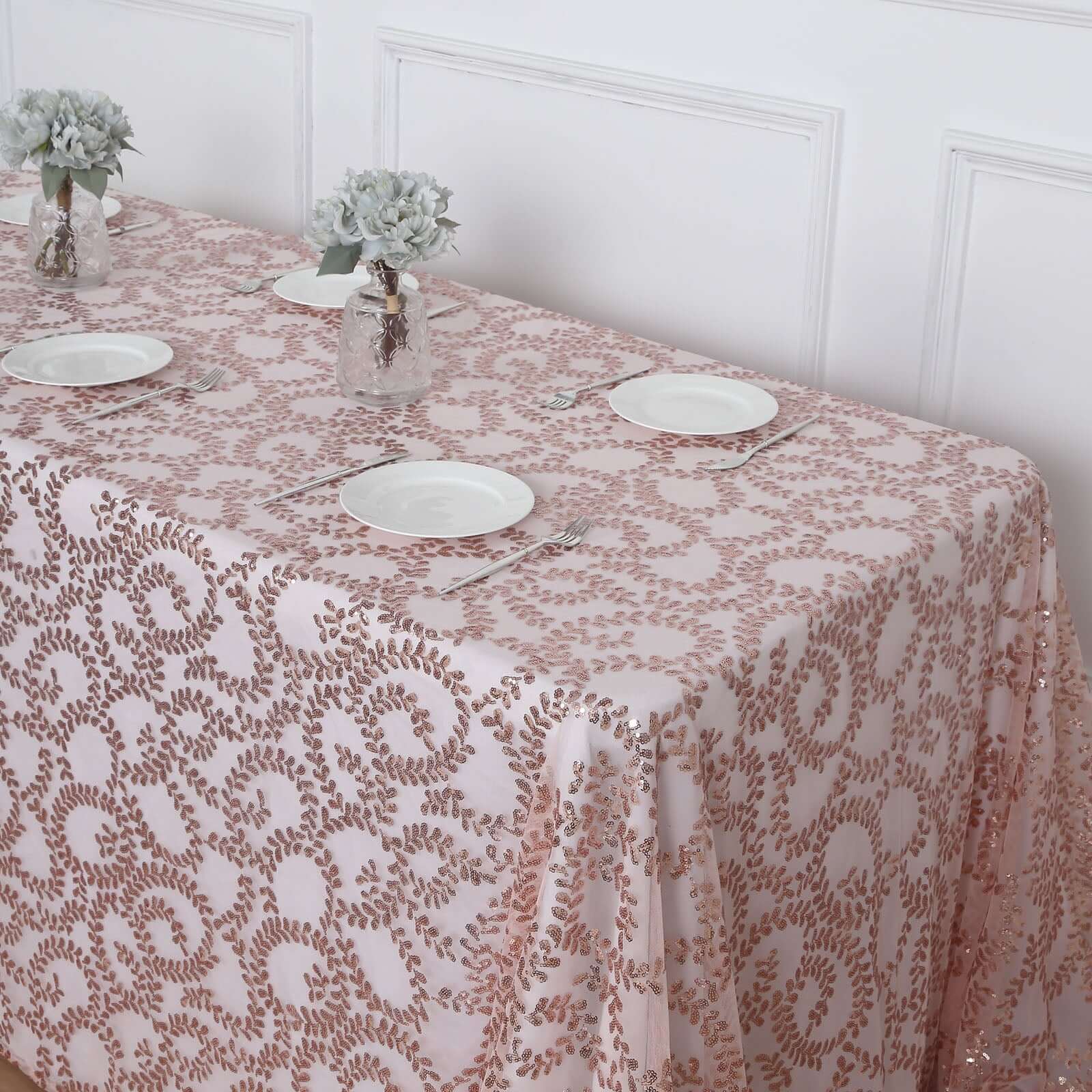 Tulle 90x156 Rectangle Tablecloth Rose Gold - Sequin Leaf Embroidered Table Cover