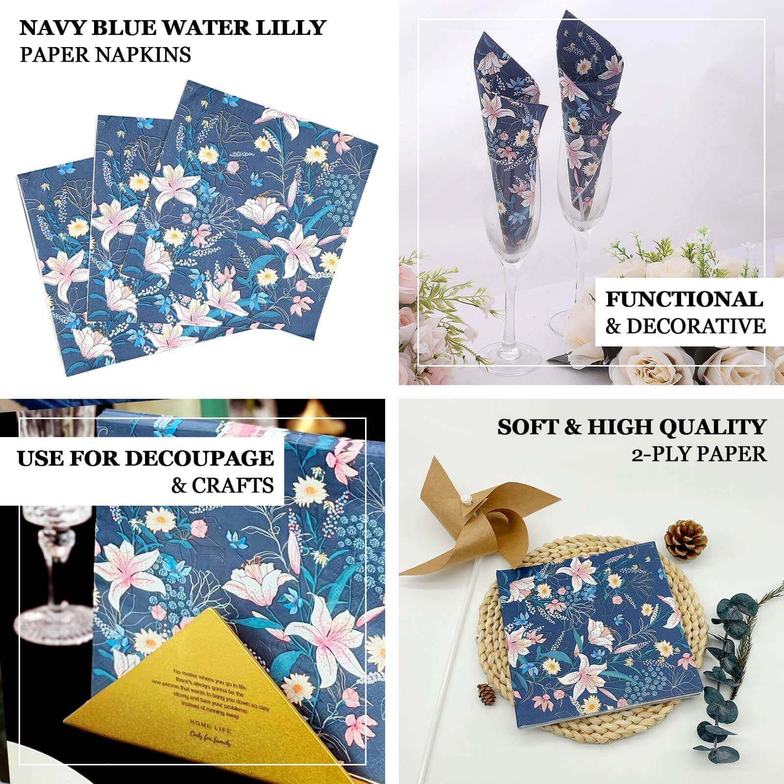 50-Pack Paper Beverage Napkins with Water Lily Floral Design Navy Blue - 2 Ply Soft 18GSM Wedding Napkins 6.5x6.5