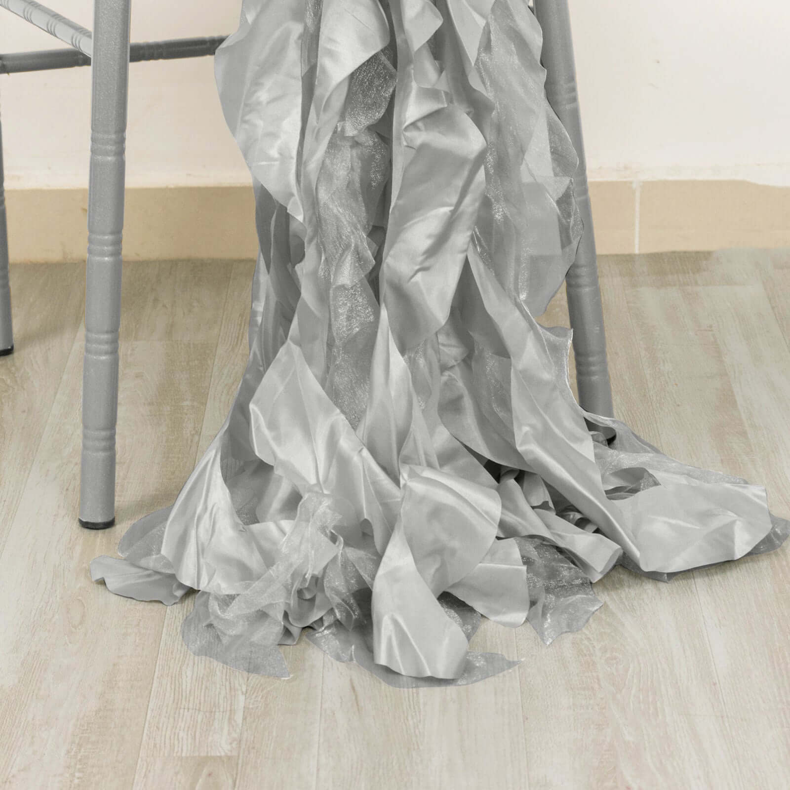 5 Pack Chiffon Satin Chair Sashes Silver - Easy to Install Ruffled Curly Willow