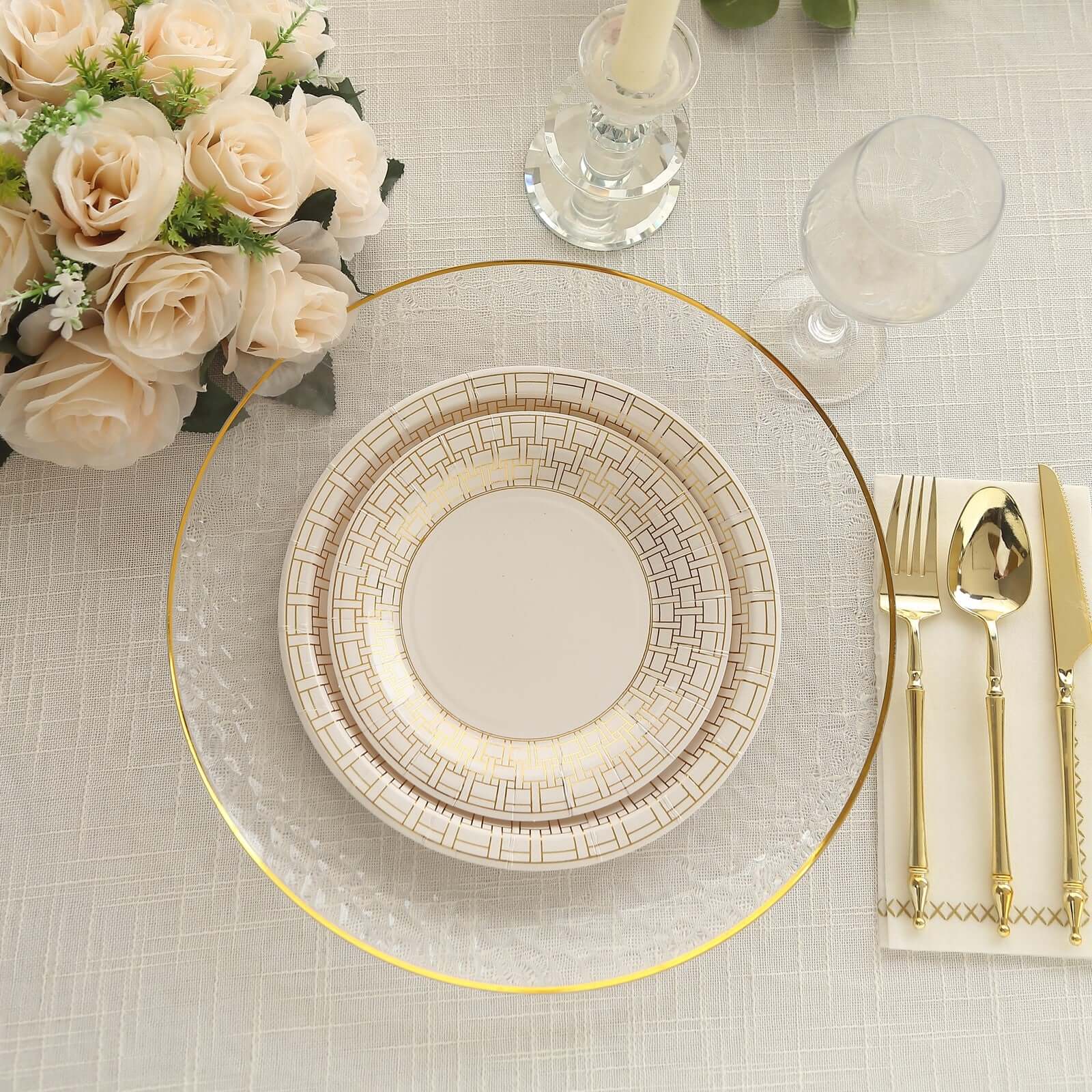 25-Pack Paper 9 Round Dinner Plates in White with Gold Basketweave Rim - Disposable Party Plates for Stylish Soirées & Festive Brunches