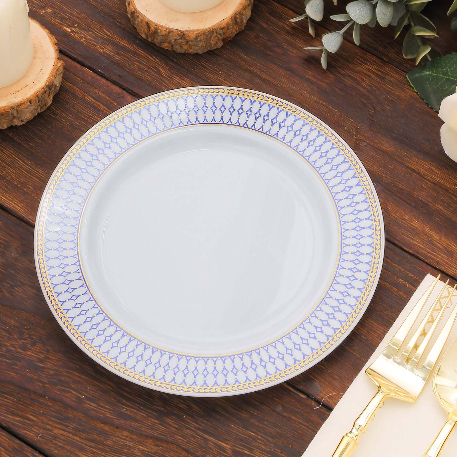 10-Pack Plastic 7 Round Dessert Plates in White with Gold Navy Blue Chord Rim - Renaissance Style Disposable Salad Appetizer Plates for Events & Banquets