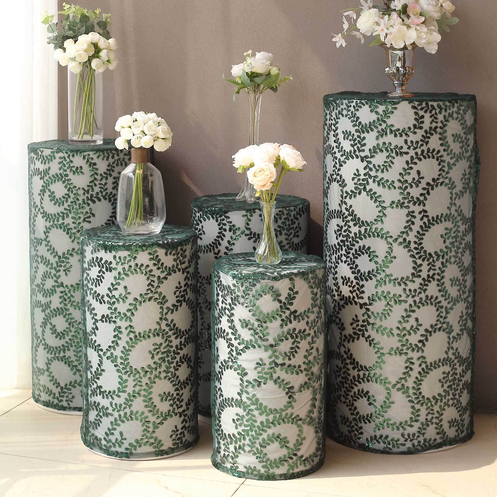 Set of 5 Hunter Emerald Green Sequin Mesh Cylinder Pedestal Stand Covers with Leaf Vine Embroidery, Sparkly Sheer Tulle Pillar Prop Covers