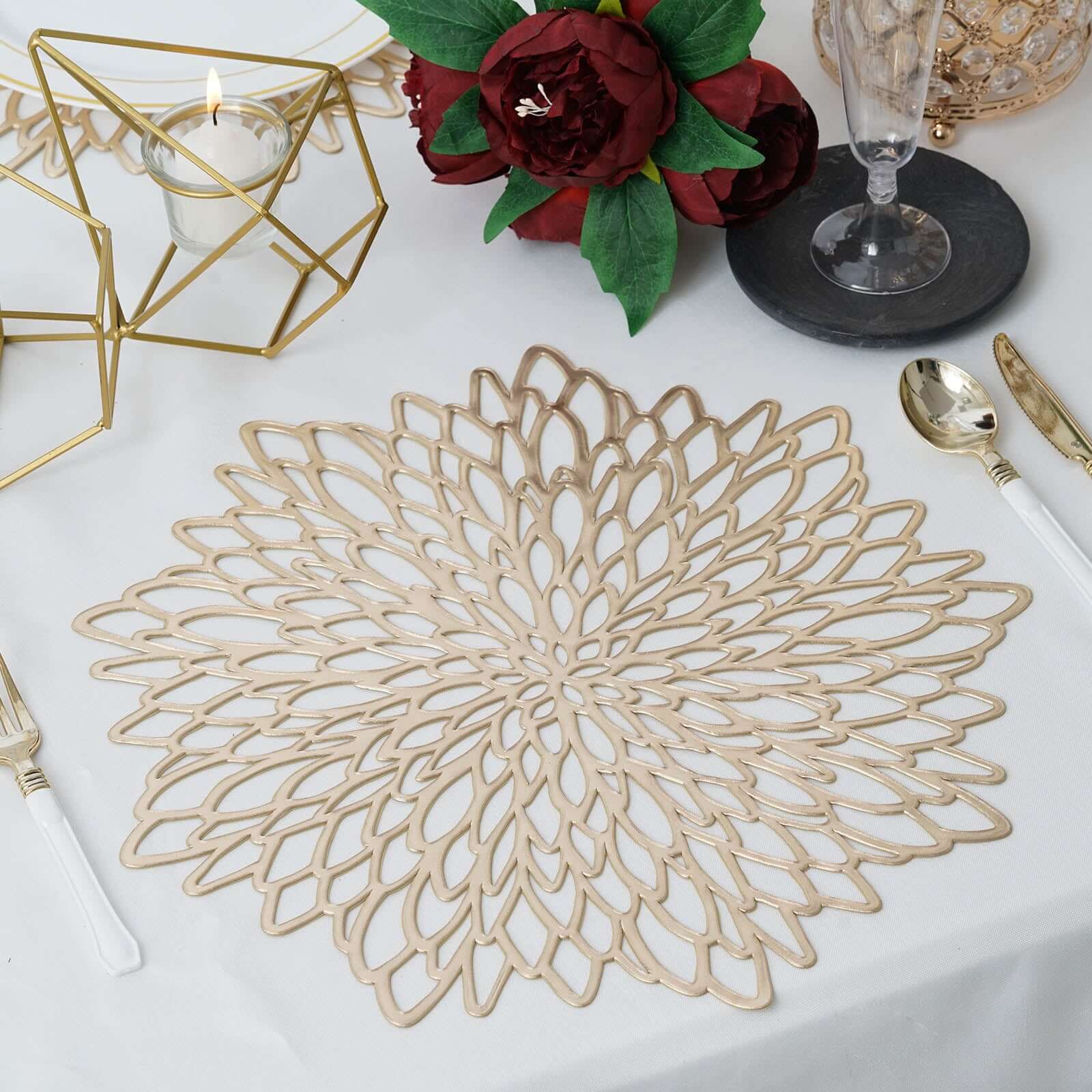 6-Pack Dining Table Mats Floral Design Gold - Metallic Vinyl Round Non-Slip Mats for Tables 15