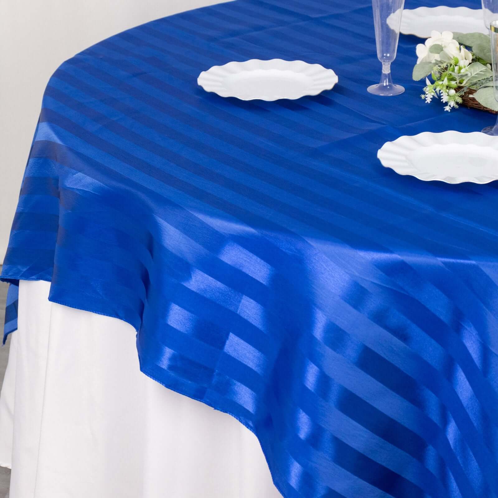 Satin 72x72 Table Overlay Square Tablecloth Royal Blue - Stripe Table Topper