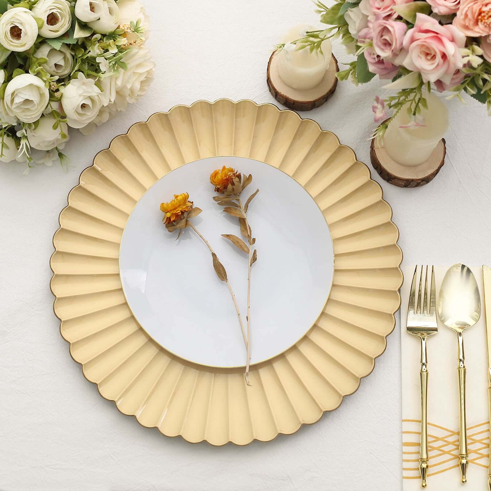 6-Pack Plastic Round Charger Plates 13 in Gold with Scalloped Shell Pattern, Coastal Inspired Disposable Charger Tableware