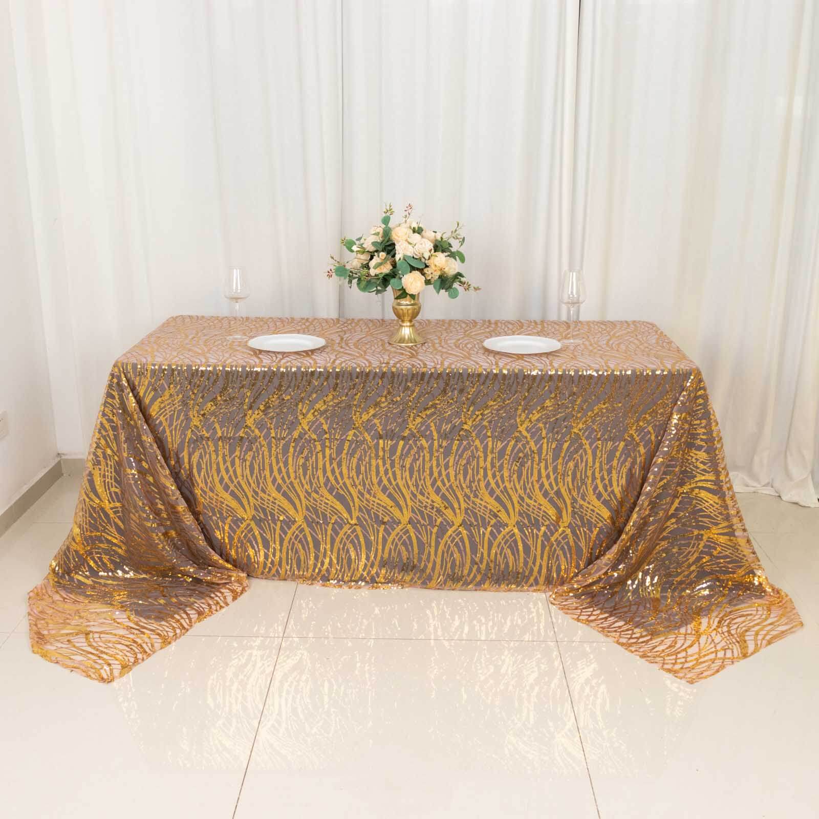 Mesh 90x156 Rectangle Tablecloth Rose Gold/Gold - Wave Sequin Embroidered Table Cover