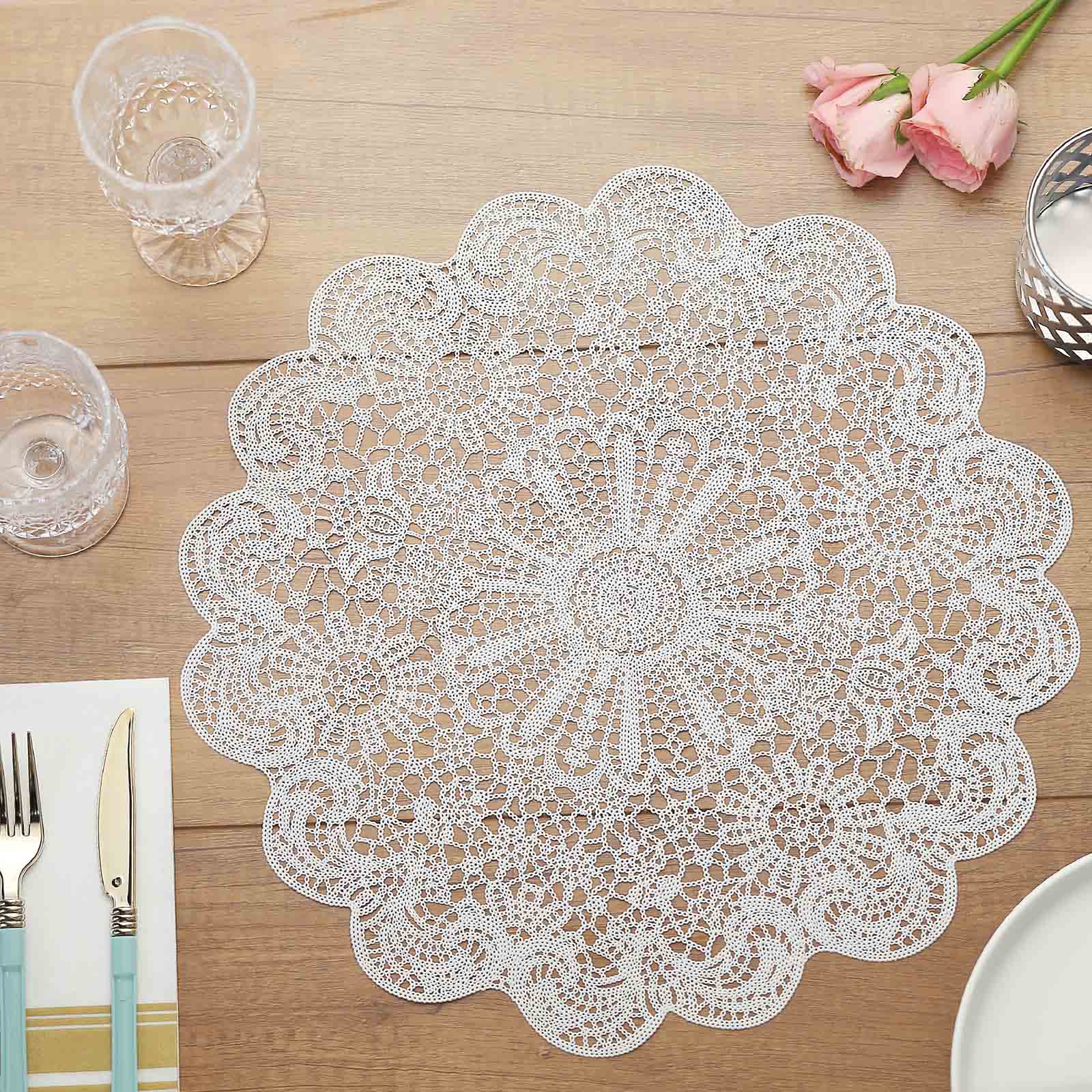 6-Pack Dining Table Mats Floral Lace Design White - Vinyl Non-Slip Surface with Vintage Appeal 15