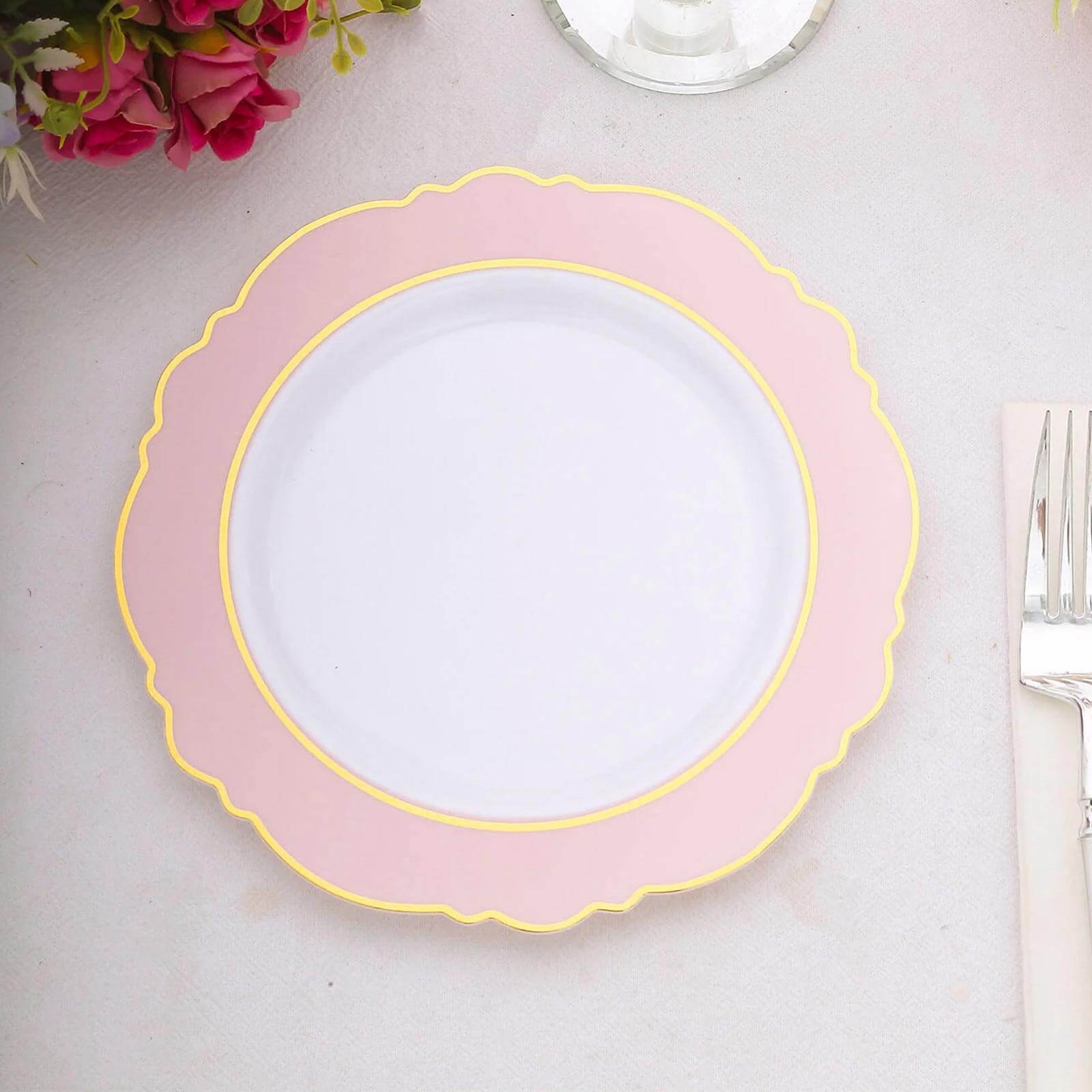 10-Pack Plastic 8 Round Dessert Plates in White with Blush Blossom Design & Gold Edging - Disposable Salad Appetizer Plates