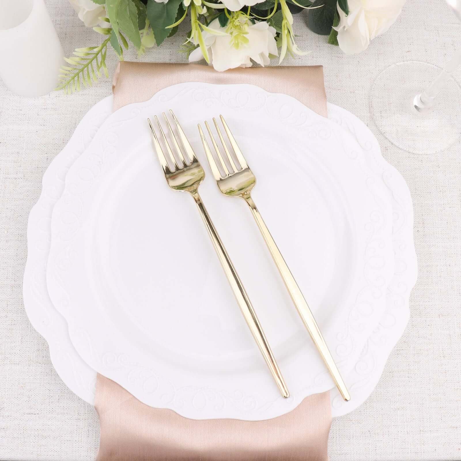 24 Pack 8 Glossy Gold Heavy Duty Plastic Silverware Forks Cutlery, Premium Disposable Sleek Flatware