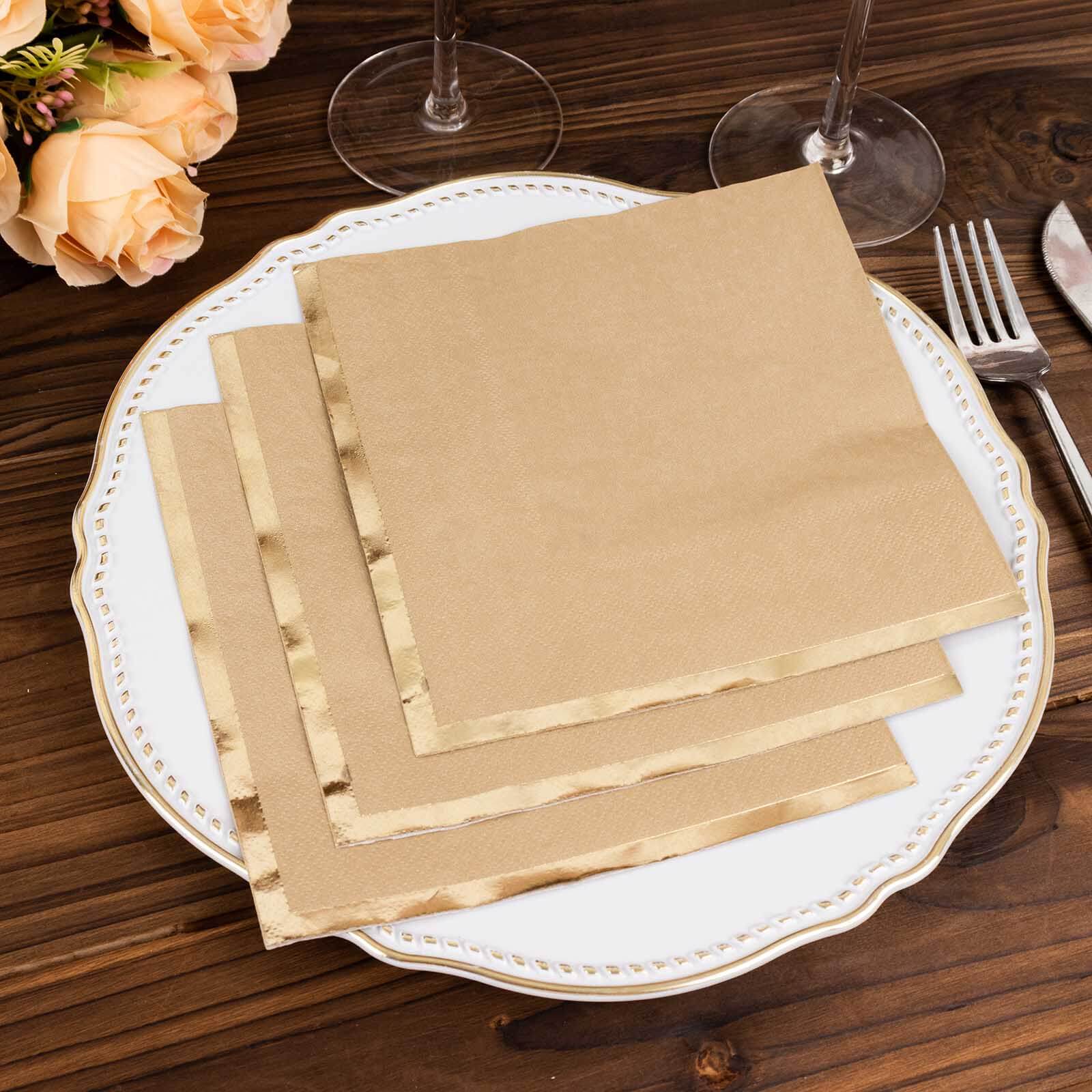 50-Pack Paper Beverage Napkins with Gold Foil Edge Natural - Disposable 2 Ply Cocktail Napkins for Events 6.5x6.5