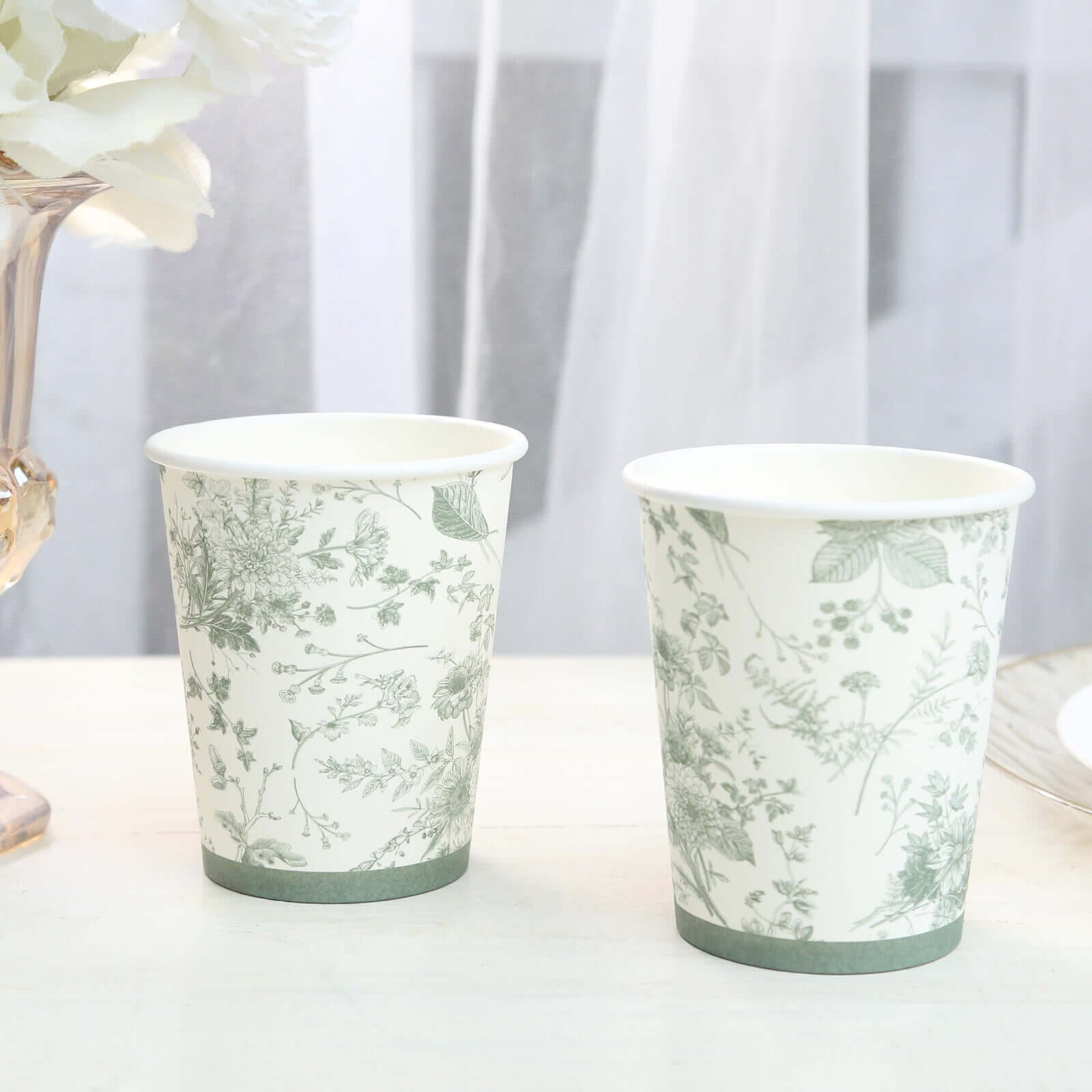 24-Pack Paper Cups White with Sage Green French Toile Print - Stylish Disposable Floral Party Cups for Hot & Cold Beverages 9oz