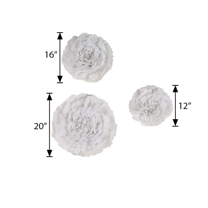 Set of 6 White Giant Carnation 3D Paper Flowers Wall Decor - 12,16,20