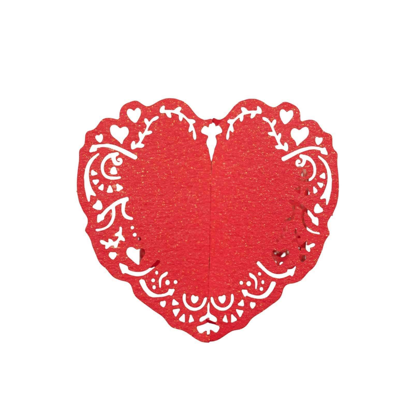 12 Pack Red Shimmery Laser Cut Heart Paper Napkin Holders with Lace Pattern, Disposable Napkin Rings Bands