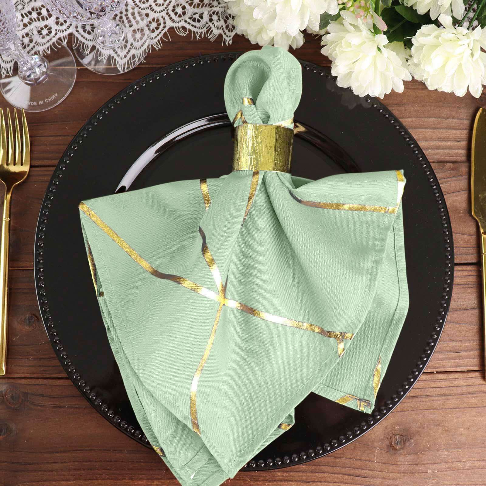 5 Pack Polyester 20x20 Napkins Sage Green with Gold Geometric Foil Pattern - Modern Reusable Dinner Napkins