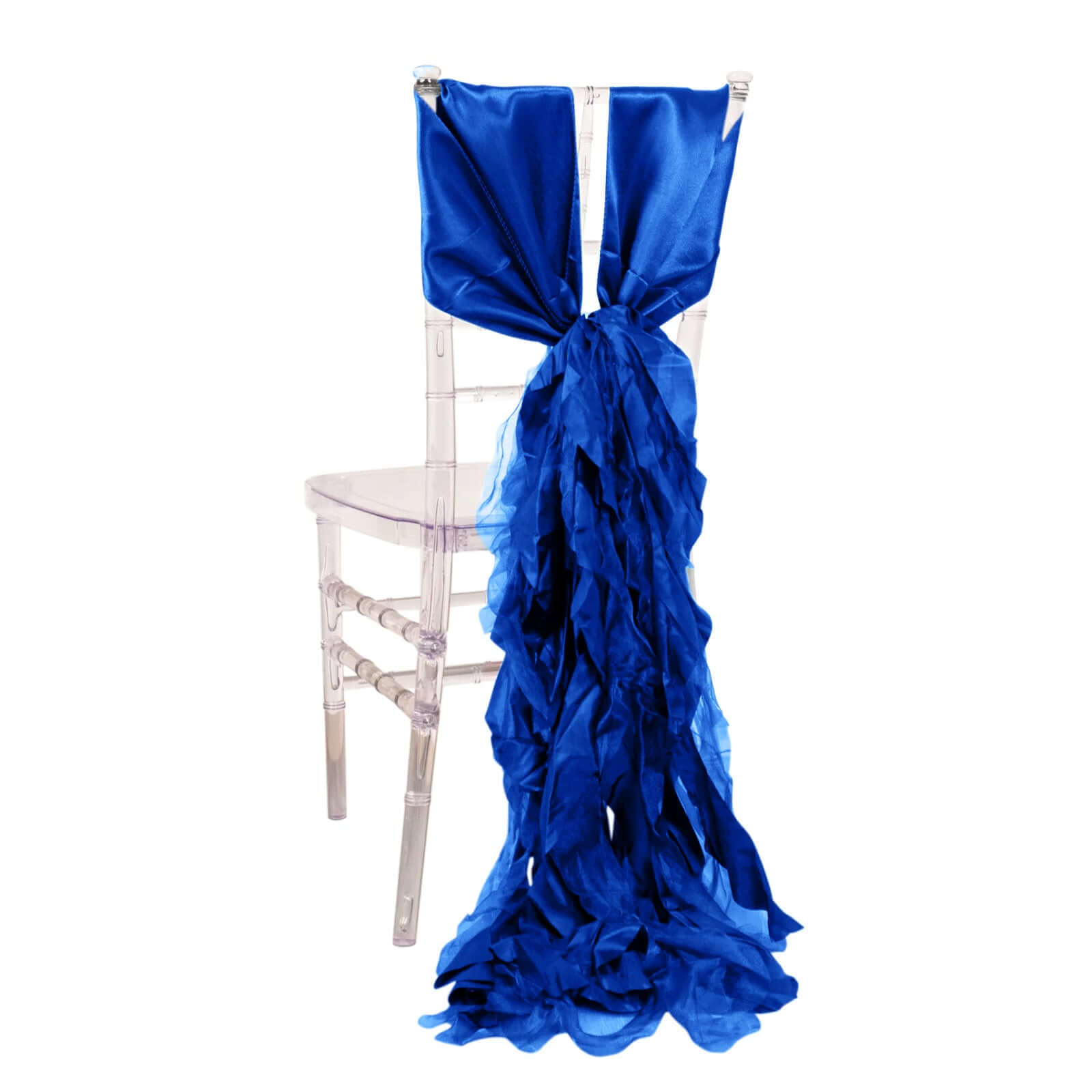 5 Pack Chiffon Satin Chair Sashes Royal Blue - Easy to Install Ruffled Curly Willow