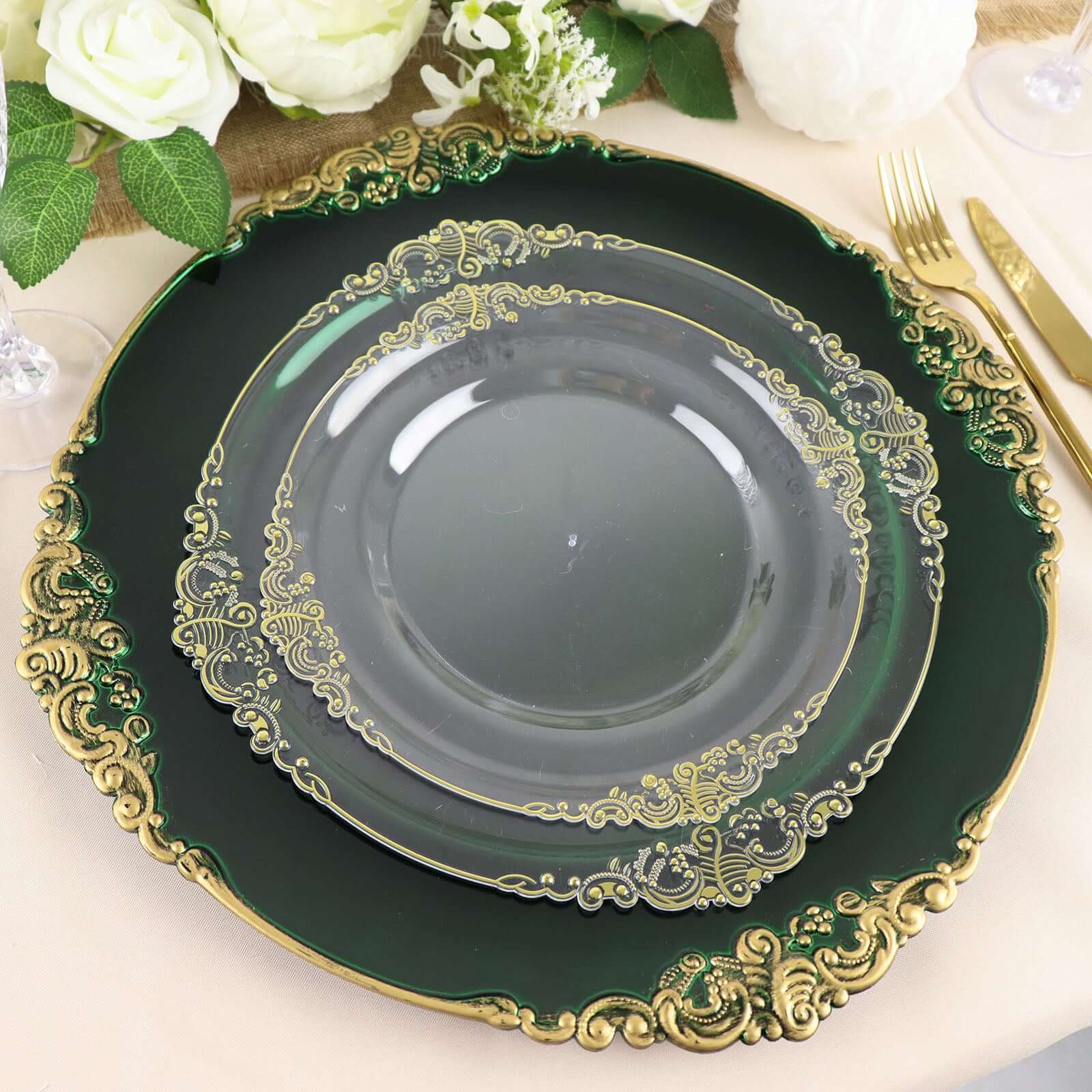 6-Pack Acrylic Round Charger Plates 13 in Hunter Emerald Green with Gold Embossed Baroque Rim, Antique Decorative Dinner Party Charger Tableware