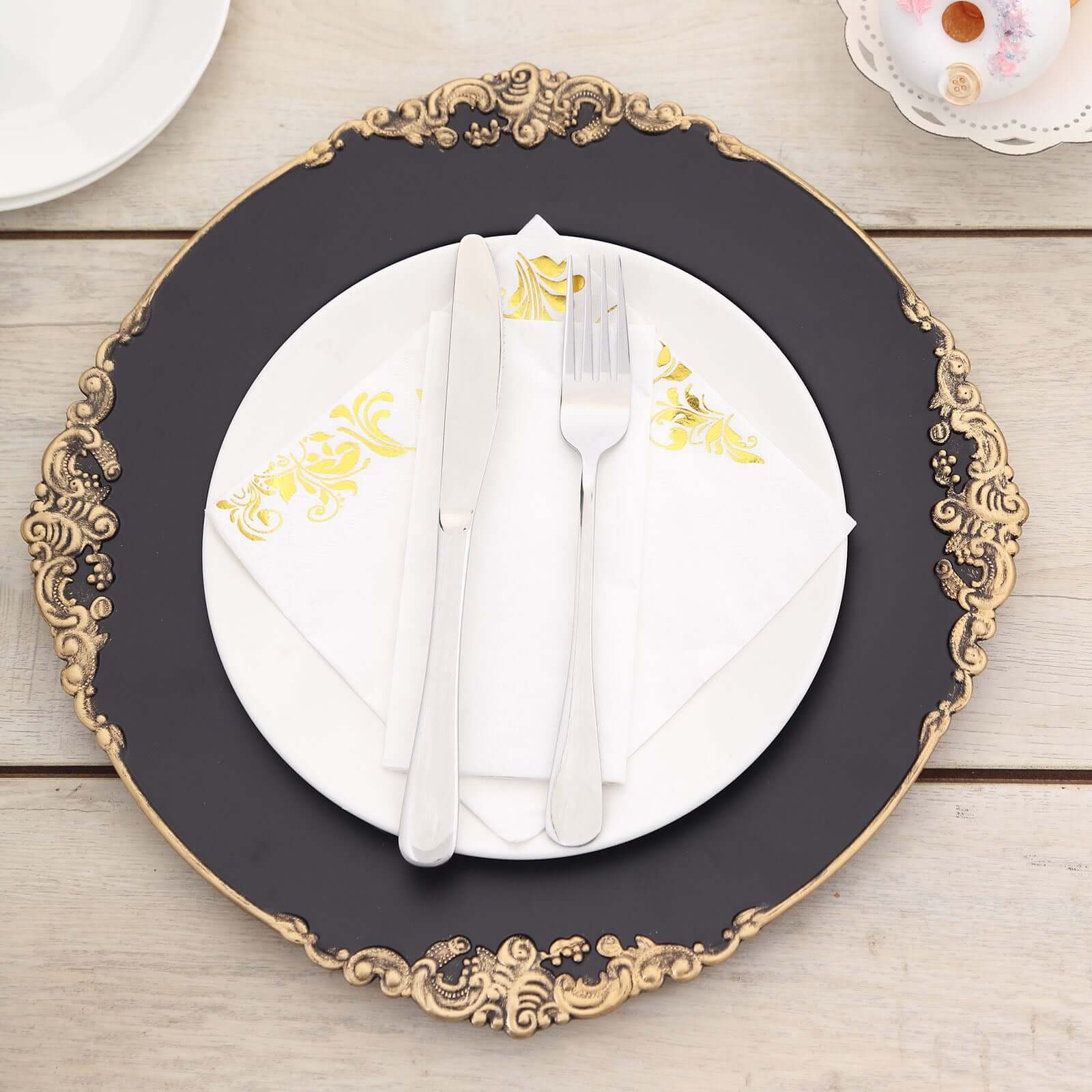 6-Pack Acrylic Round Charger Plates 13 in Matte Black with Gold Embossed Baroque Rim, Antique Decorative Dinner Party Charger Tableware