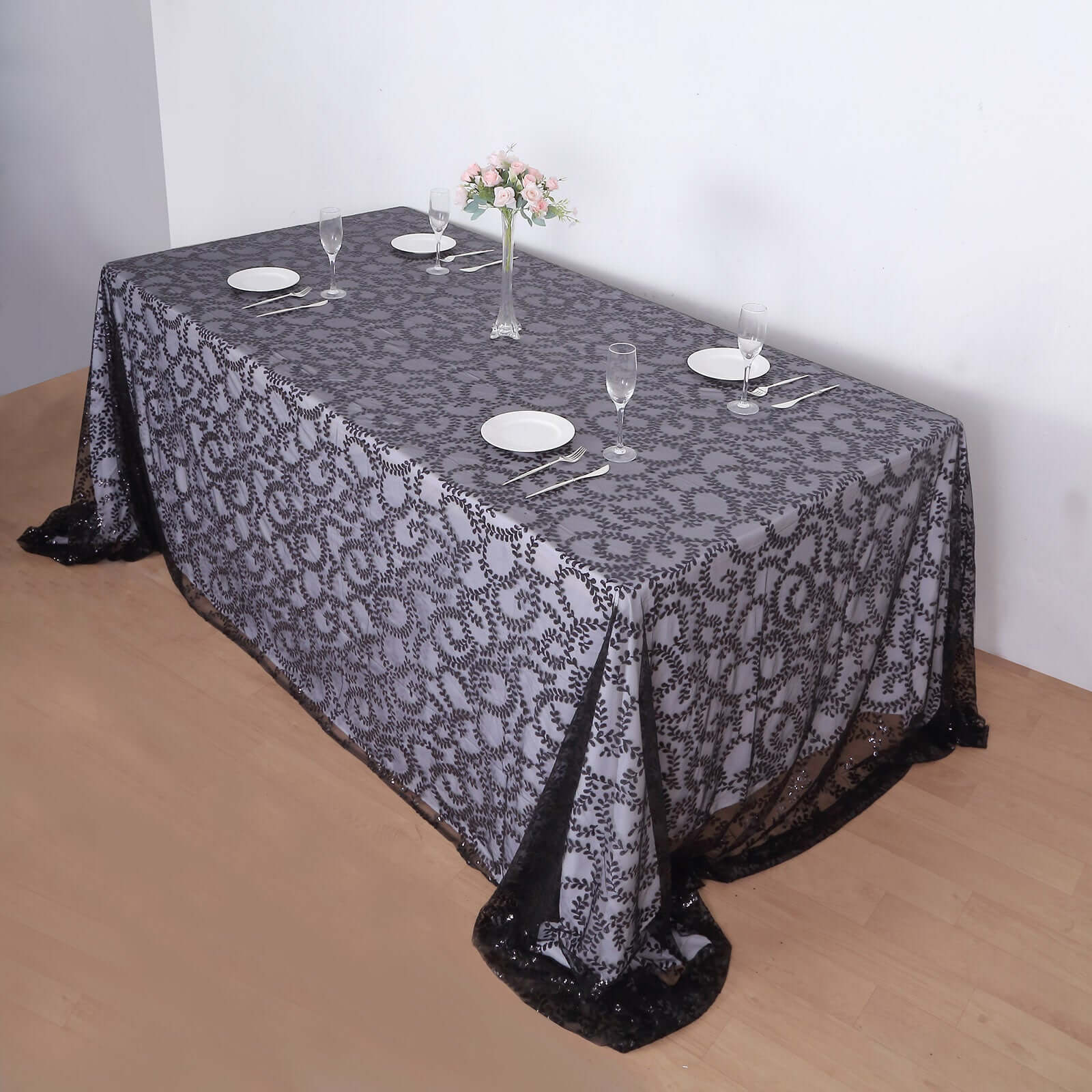 Tulle 90x156 Rectangle Tablecloth Black - Sequin Leaf Embroidered Table Cover