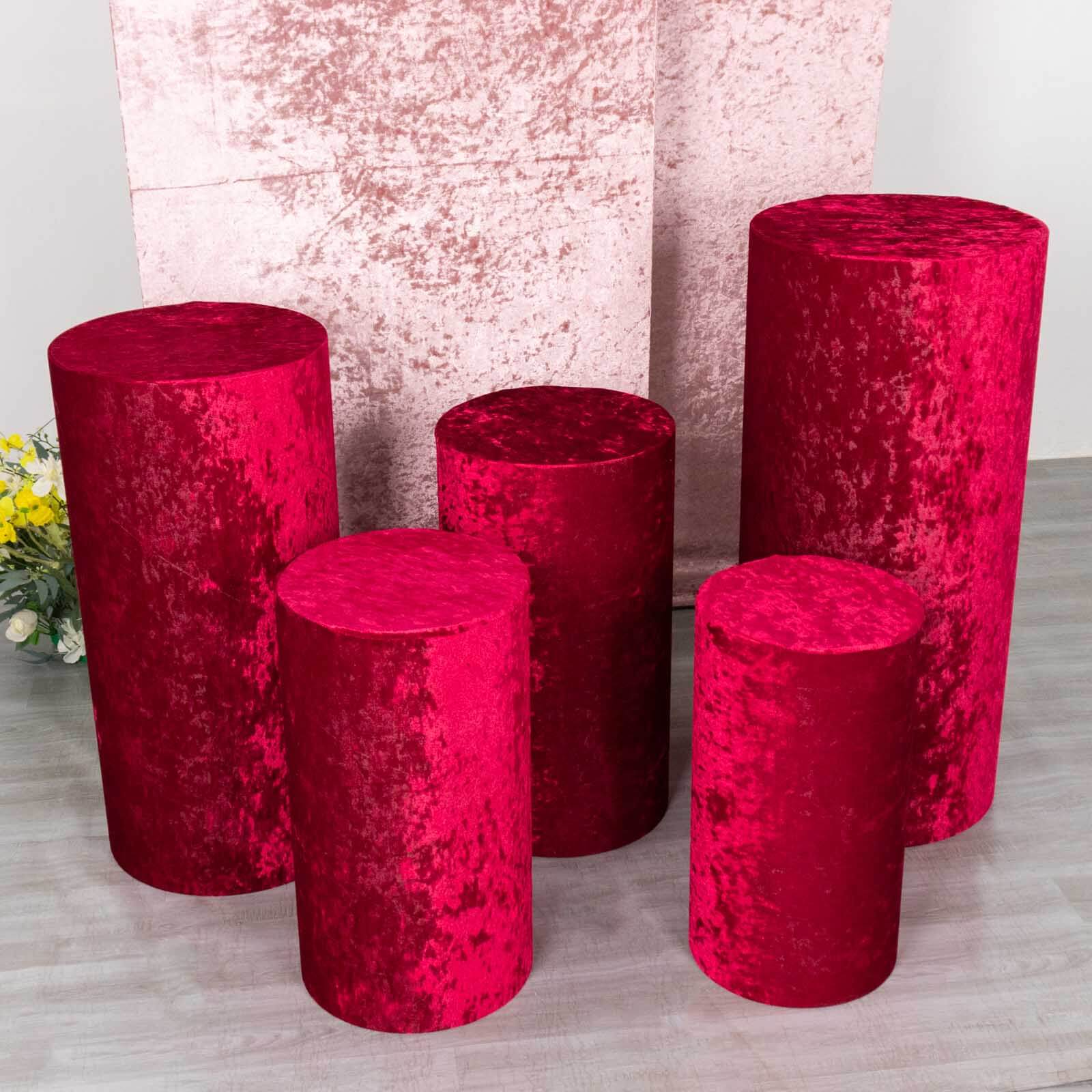 Set of 5 Red Crushed Velvet Cylinder Pedestal Stand Covers, Premium Pillar Prop Covers