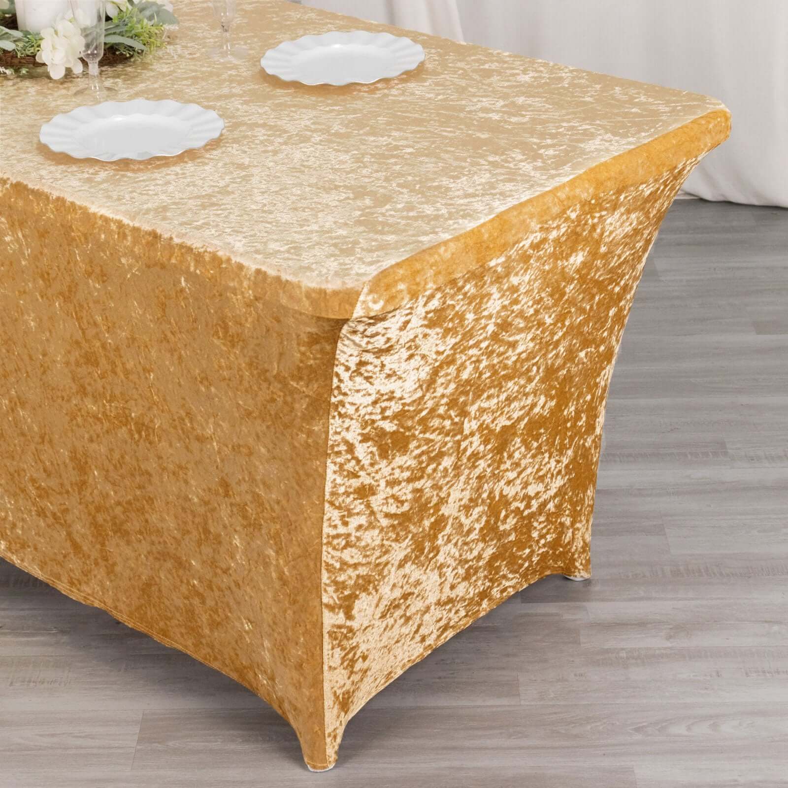 Crushed Velvet Fitted Rectangular 6ft Table Cover Champagne - Wrinkle-Free Stretchy Tablecloth