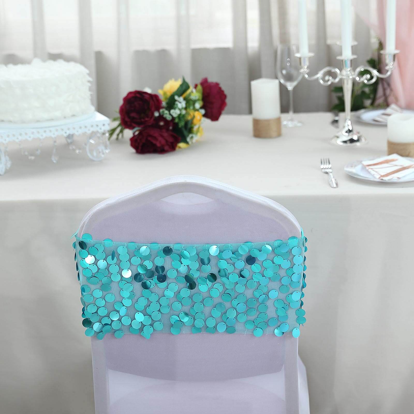 5 Pack Big Payette Sequin 13x10 Chair Sash Bands Turquoise - Stylish Glittering Decor for Weddings & Gatherings