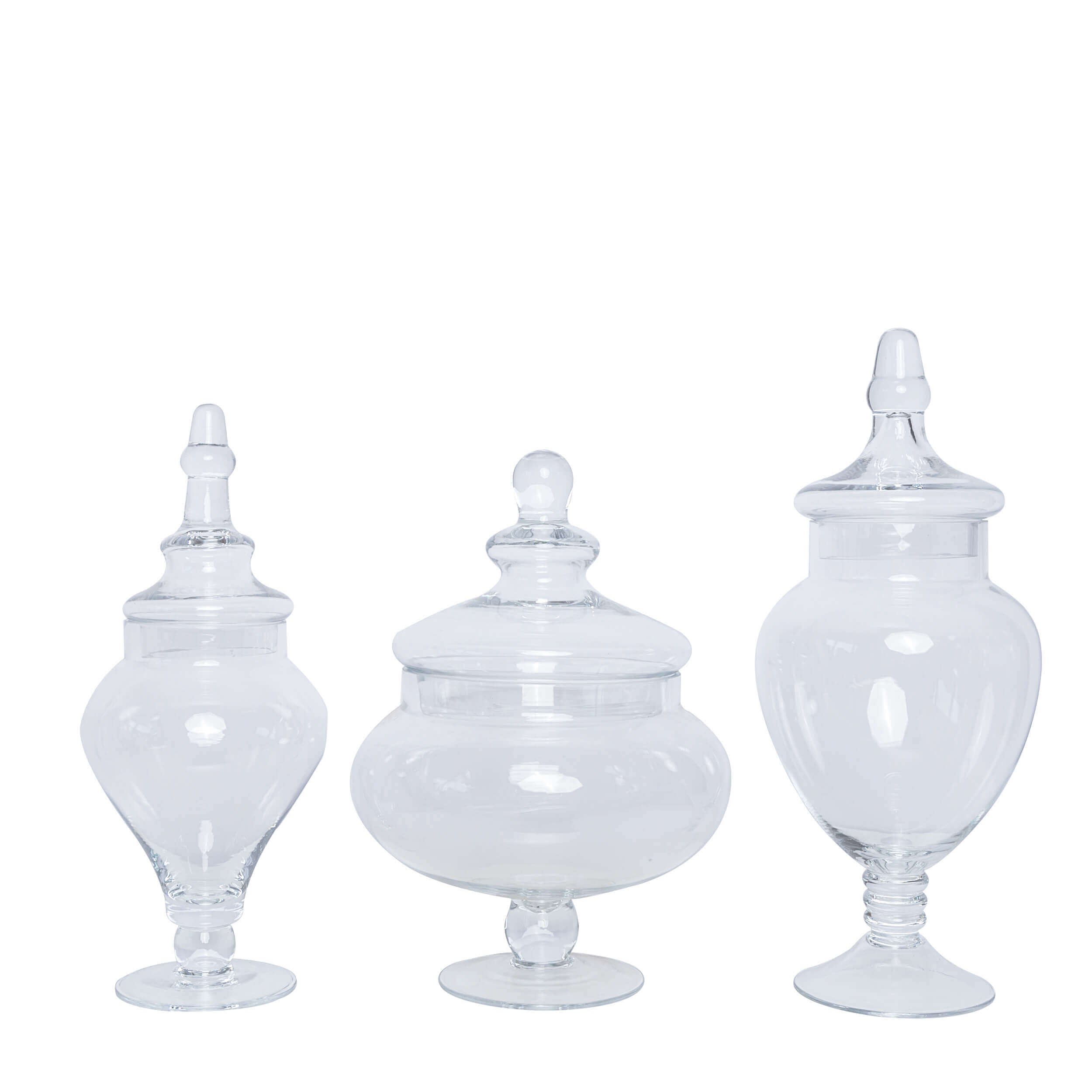 Set of 3 Glass Candy Jars Pedestal Apothecary Design Clear with Snap-On Lids - Stylish Party Favor Containers 10/12/14