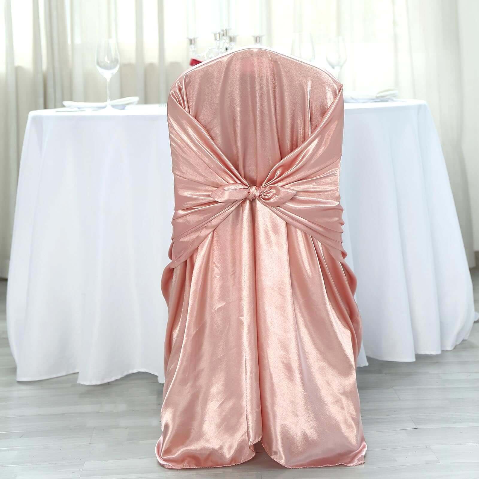 Satin Chair Cover Self-Tie Universal Design Dusty Rose - Durable Slip-On Cover for Folding, Dining, Banquet & Standard Chairs