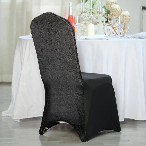 Spandex Chair Cover with Metallic Shimmer Tinsel Back for Banquet Chairs Black - Luxe Fitted Slipcover for Weddings & Parties