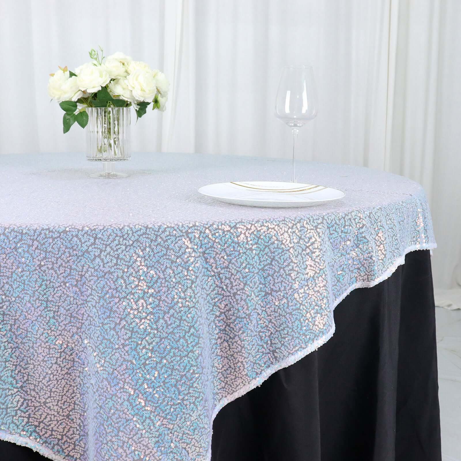 Sequin 60x60 Table Overlay Square Tablecloth Irisdescent Blue - Luxe Wedding Table Topper