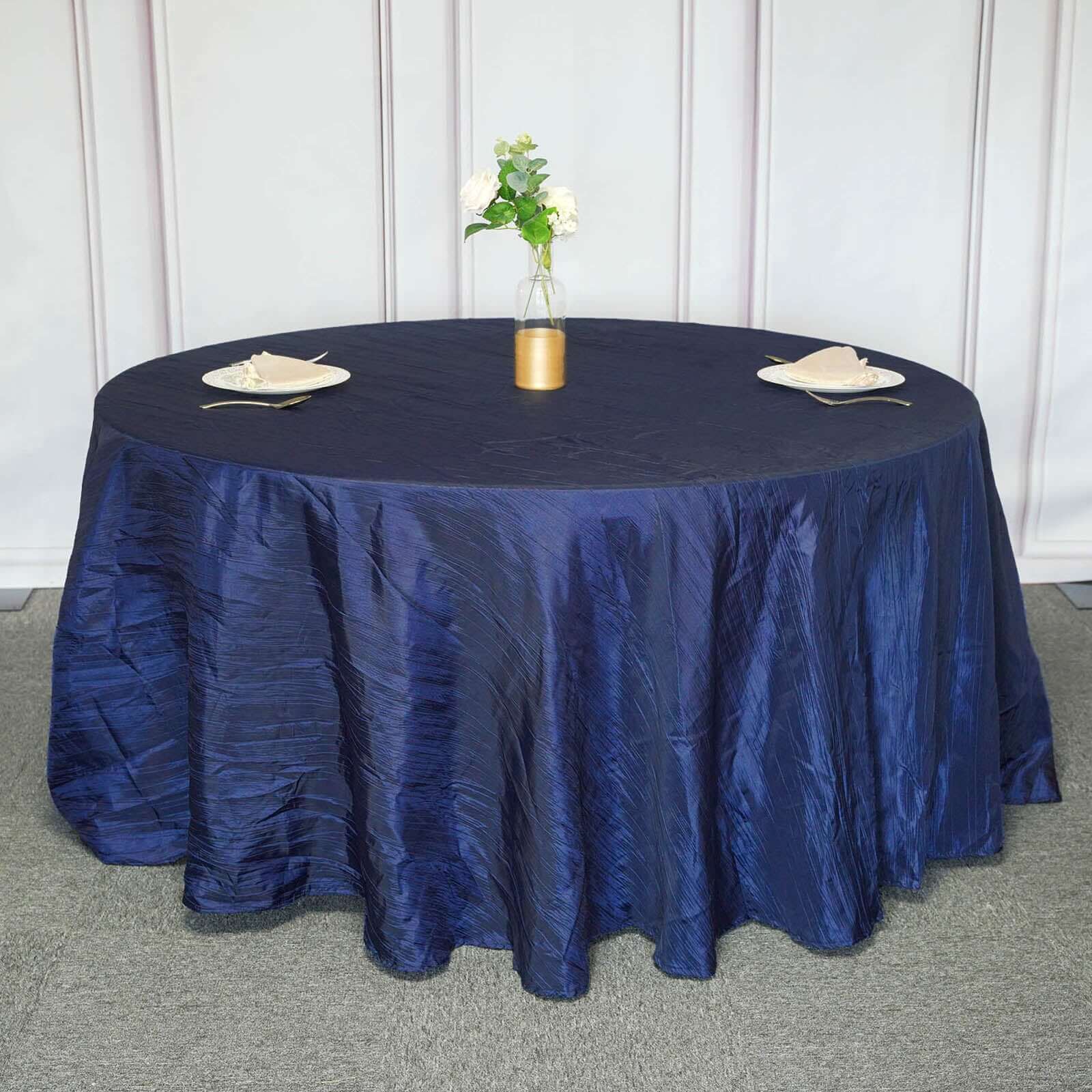 Taffeta 120 Round Tablecloth Navy Blue - Seamless Accordion Crinkle Table Cover