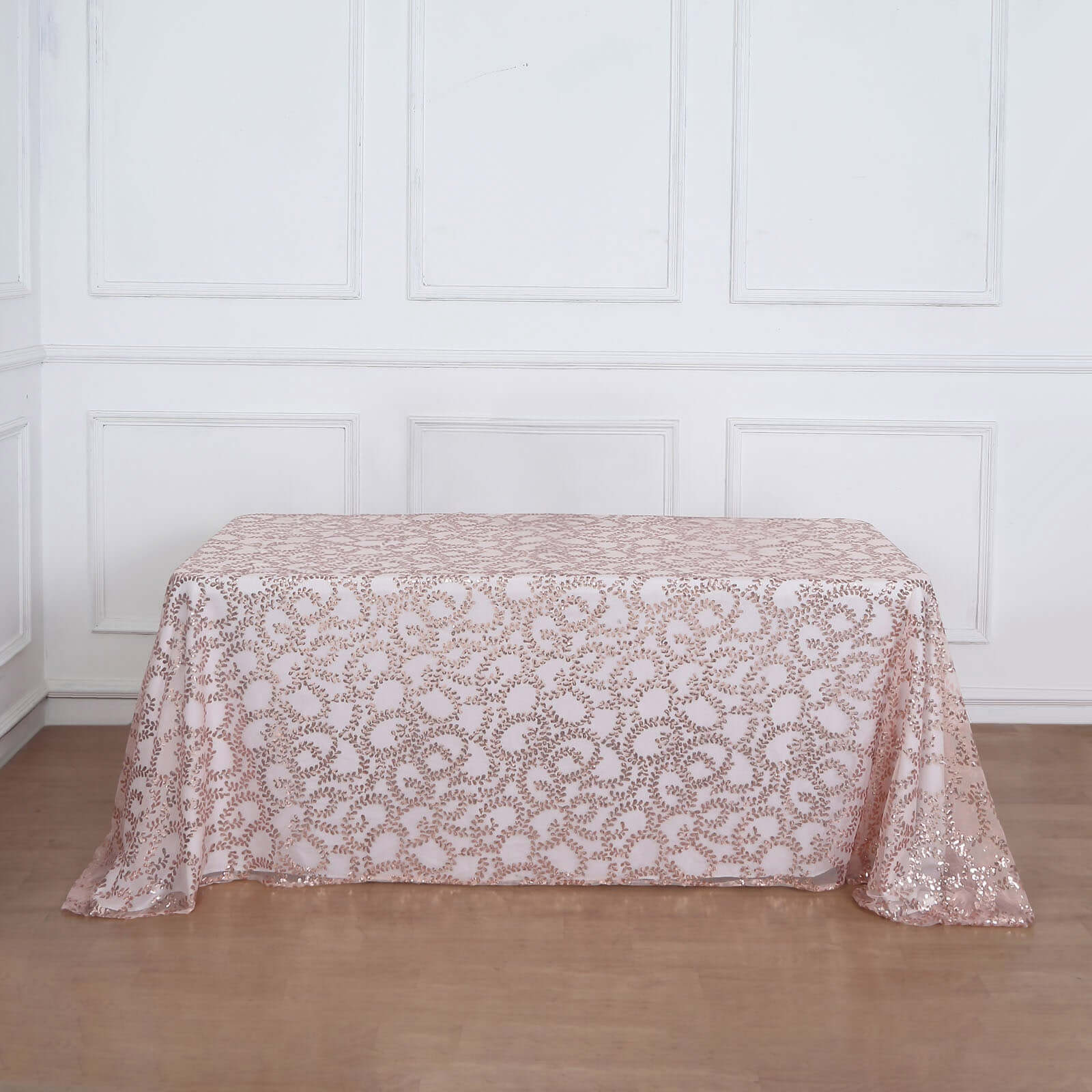 Tulle 90x156 Rectangle Tablecloth Rose Gold - Sequin Leaf Embroidered Table Cover