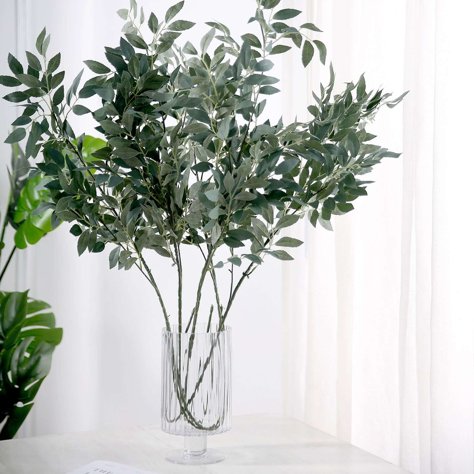 2 Bushes 42 Tall Frosted Green Artificial Silk Beech Leaf Branches, Faux Plant Stem Vase Fillers