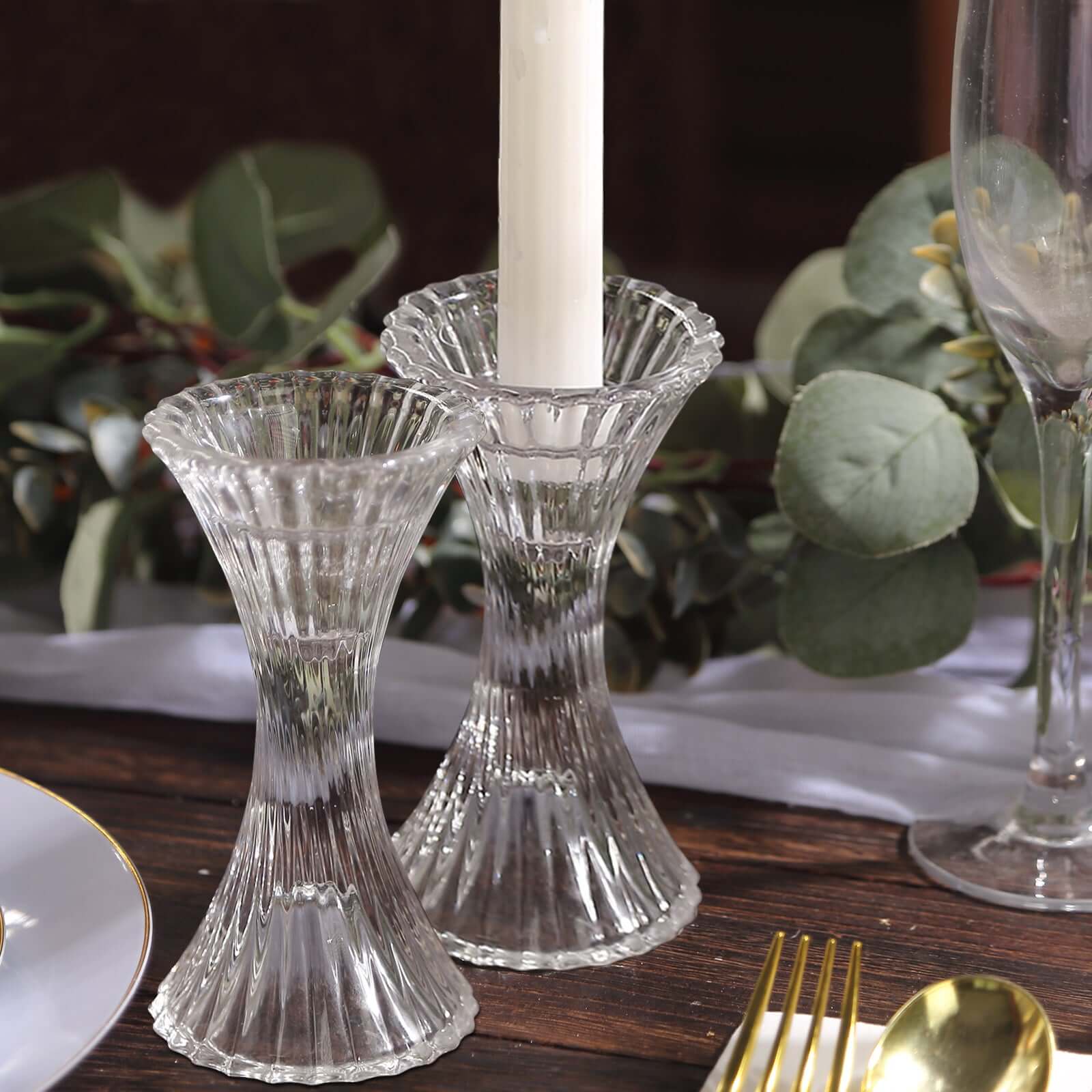 2-Pack Crystal Pillar Candlestick Stands Hour Glass Design with Diagonal Stripes Clear - Reversible Taper Holders 5