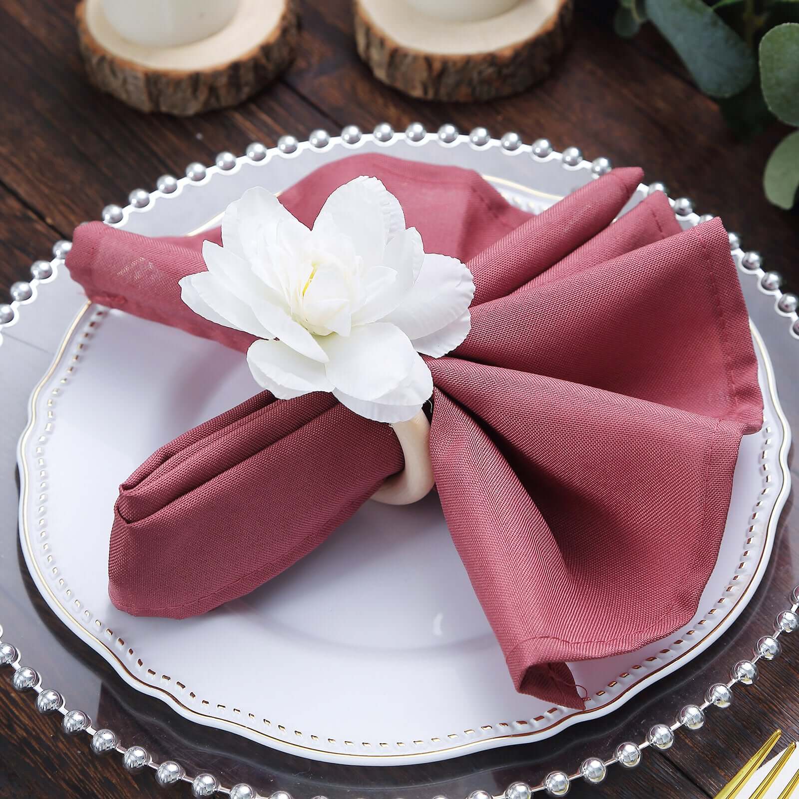 4 Pack White Silk Jasmine Flower Napkin Rings with Wooden Holder, Rustic Boho Serviette Buckles with Artificial Flowers