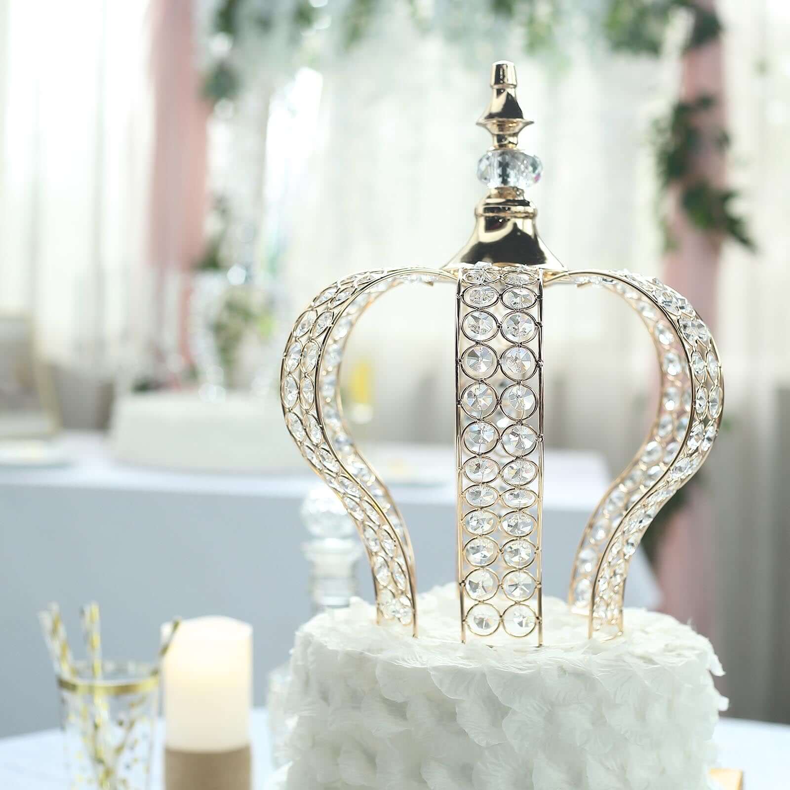 Crystal-Bead Royal Crown Cake Topper Metallic Gold - Dazzling Cake Centerpiece Decor for Luxurious Birthdays Receptions & Romantic Celebrations 14