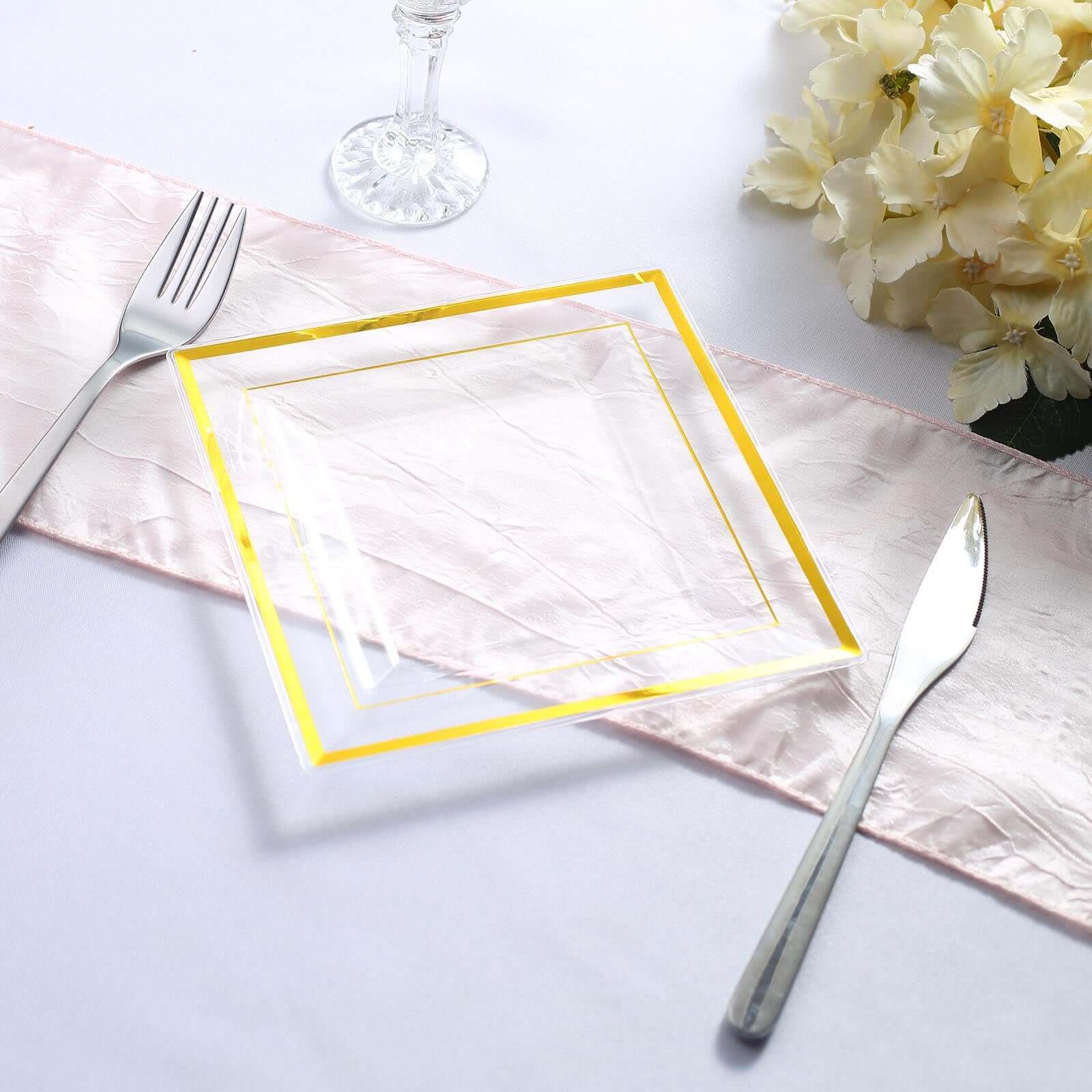 10-Pack Plastic Salad Dessert Plates Clear Square with Gold Trim - Durable Disposable Appetizer Plates 7