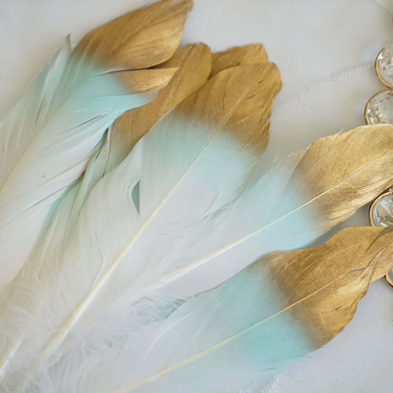 30-Pack Goose Feathers Craft Feathers Metallic Gold Tip Dual Tone Mint White - Decorative Feathers for DIY Projects