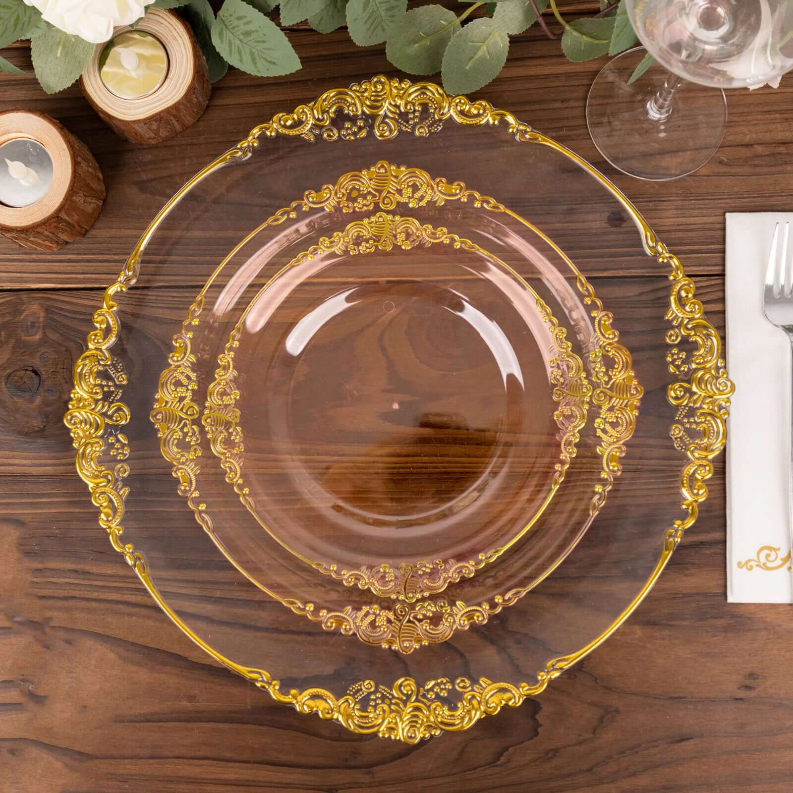 10-Pack Plastic 8 Round Dessert Plates in Transparent Blush with Gold Leaf Embossed Rim - Disposable Vintage Baroque Style Salad Plates